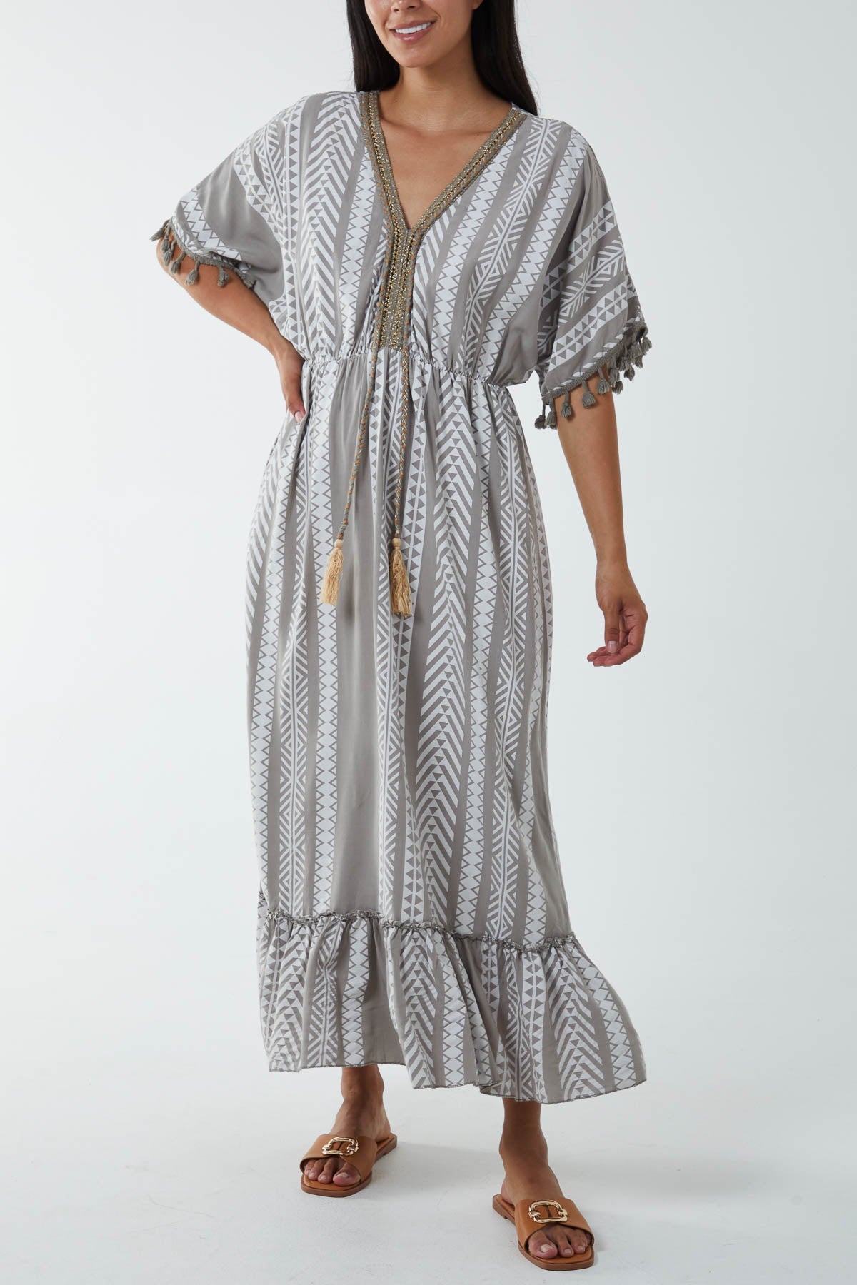 Aztec Print Tassel Midi Dress Dresses WearAll Mocha One Size