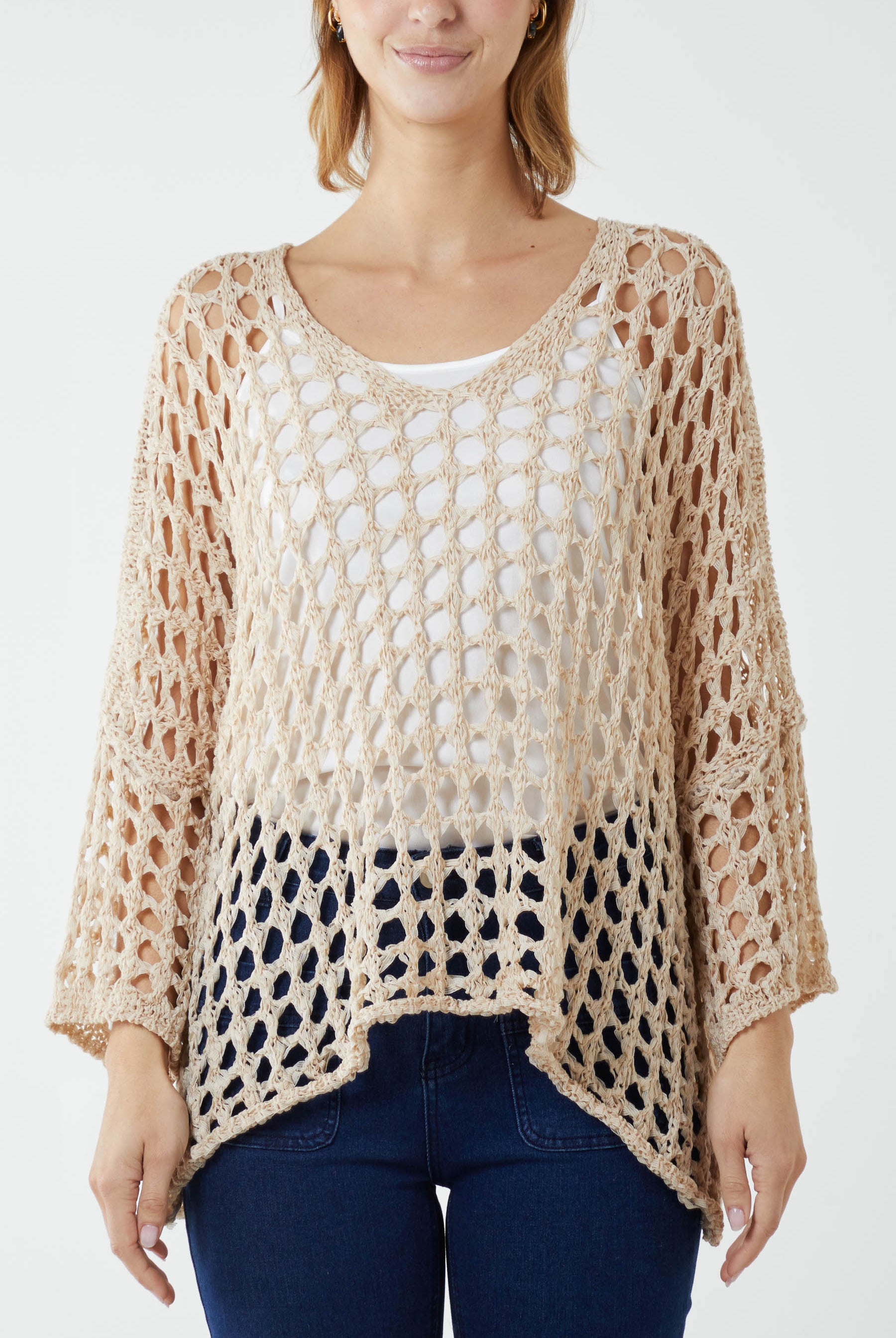 Crochet Round Neck Long Sleeve Top TOPMF2 WearAll Beige One Size