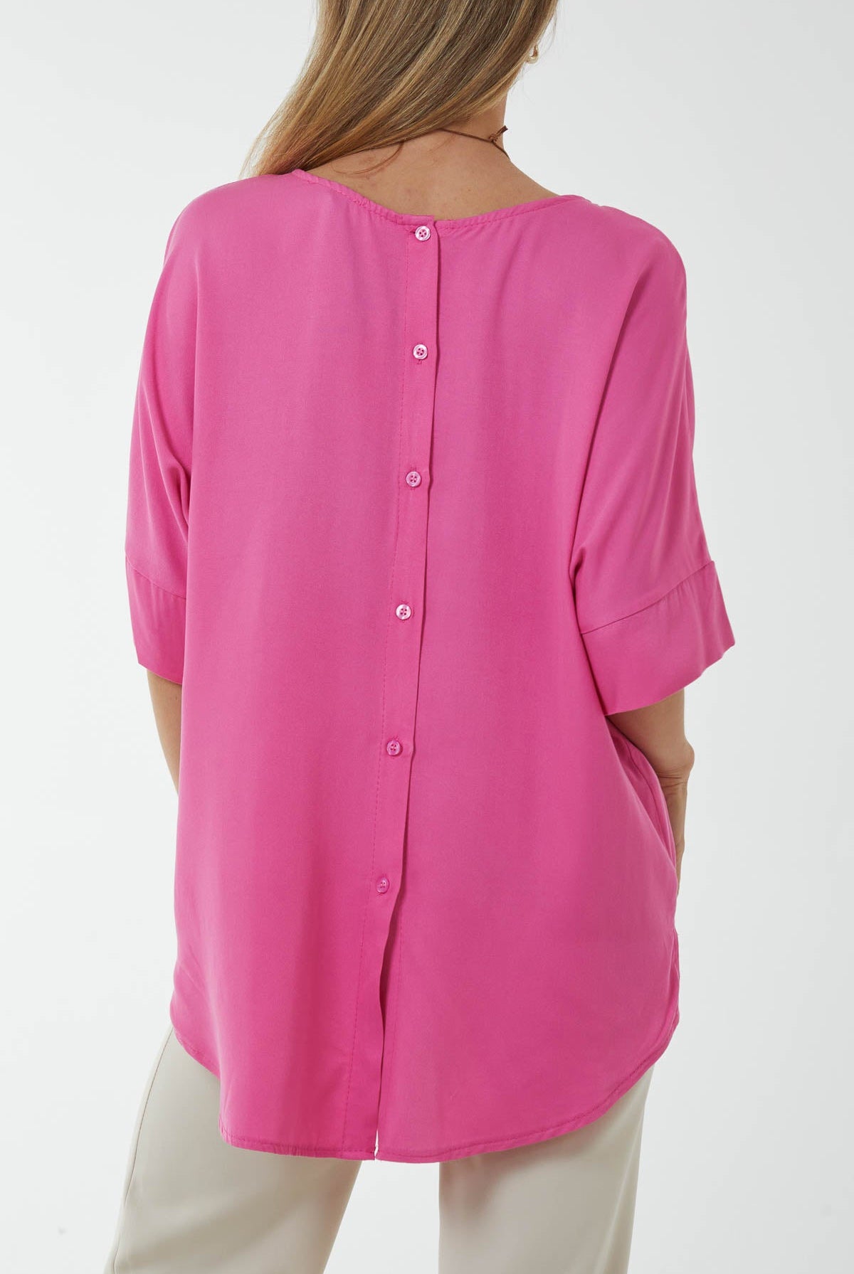 Button Back Asymmetric Necklace Top Tops WearAll