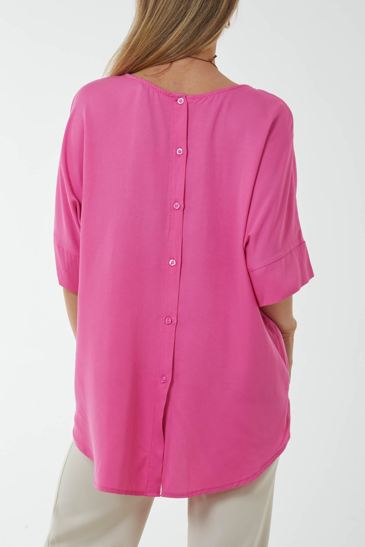 Button Back Asymmetric Necklace Top Tops WearAll