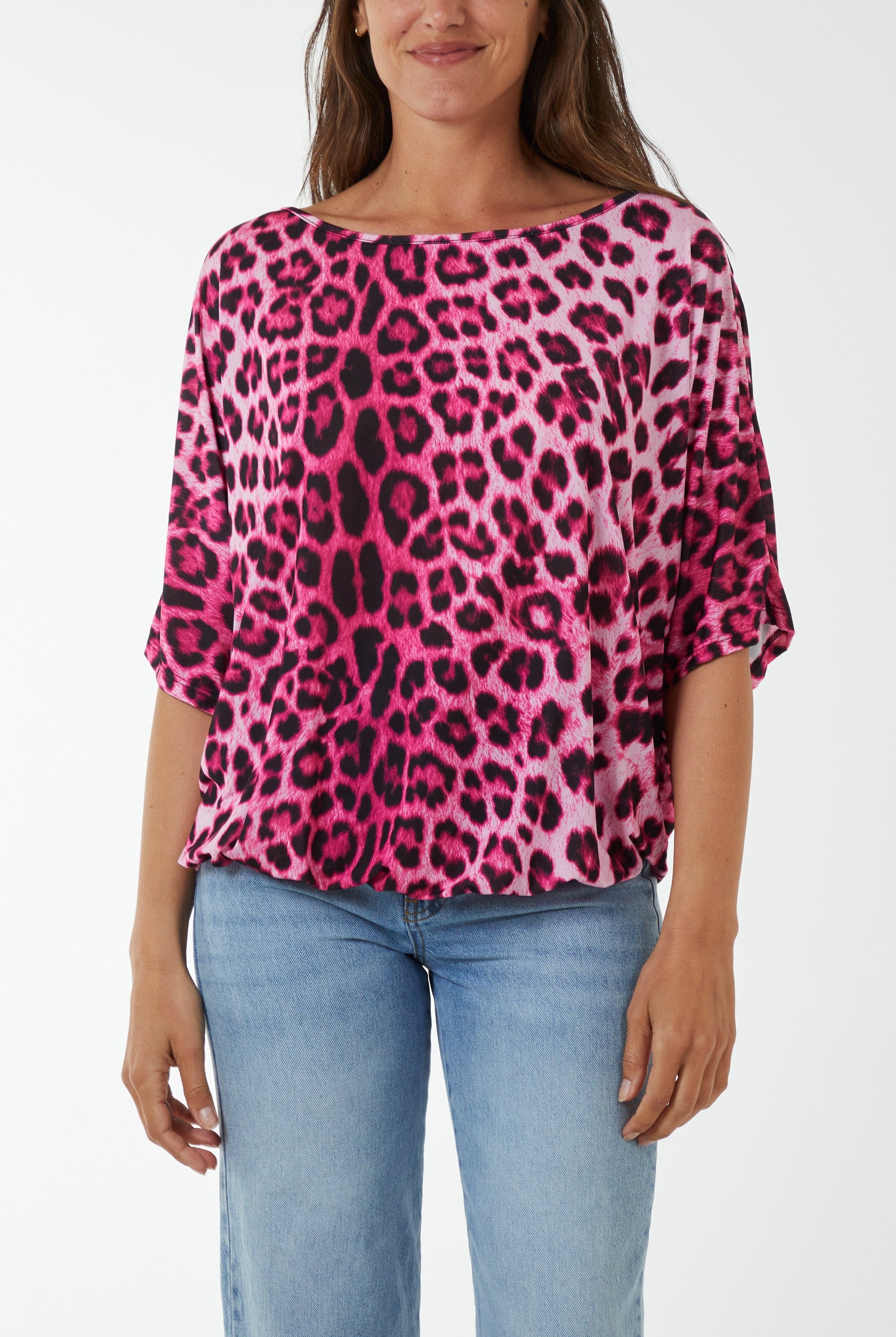 Short Sleeve Leopard Print Top T-shirts WearAll Hot Pink One Size