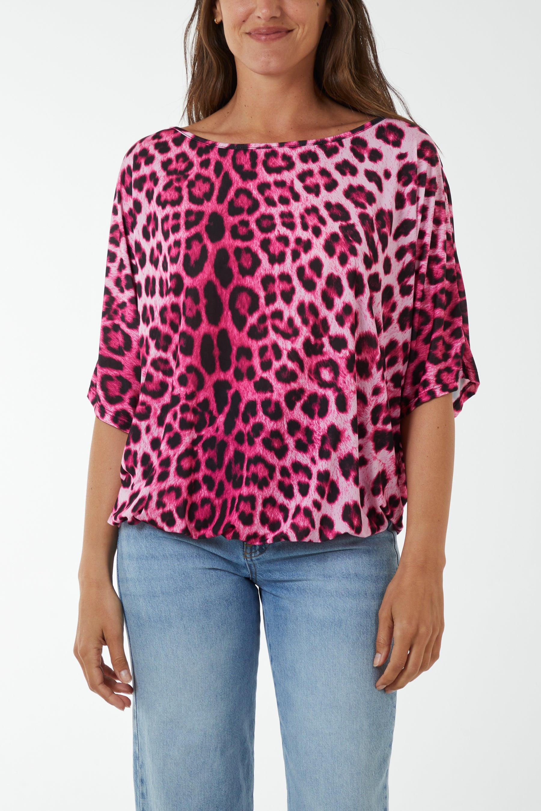 Short Sleeve Leopard Print Top T-shirts WearAll Hot Pink One Size