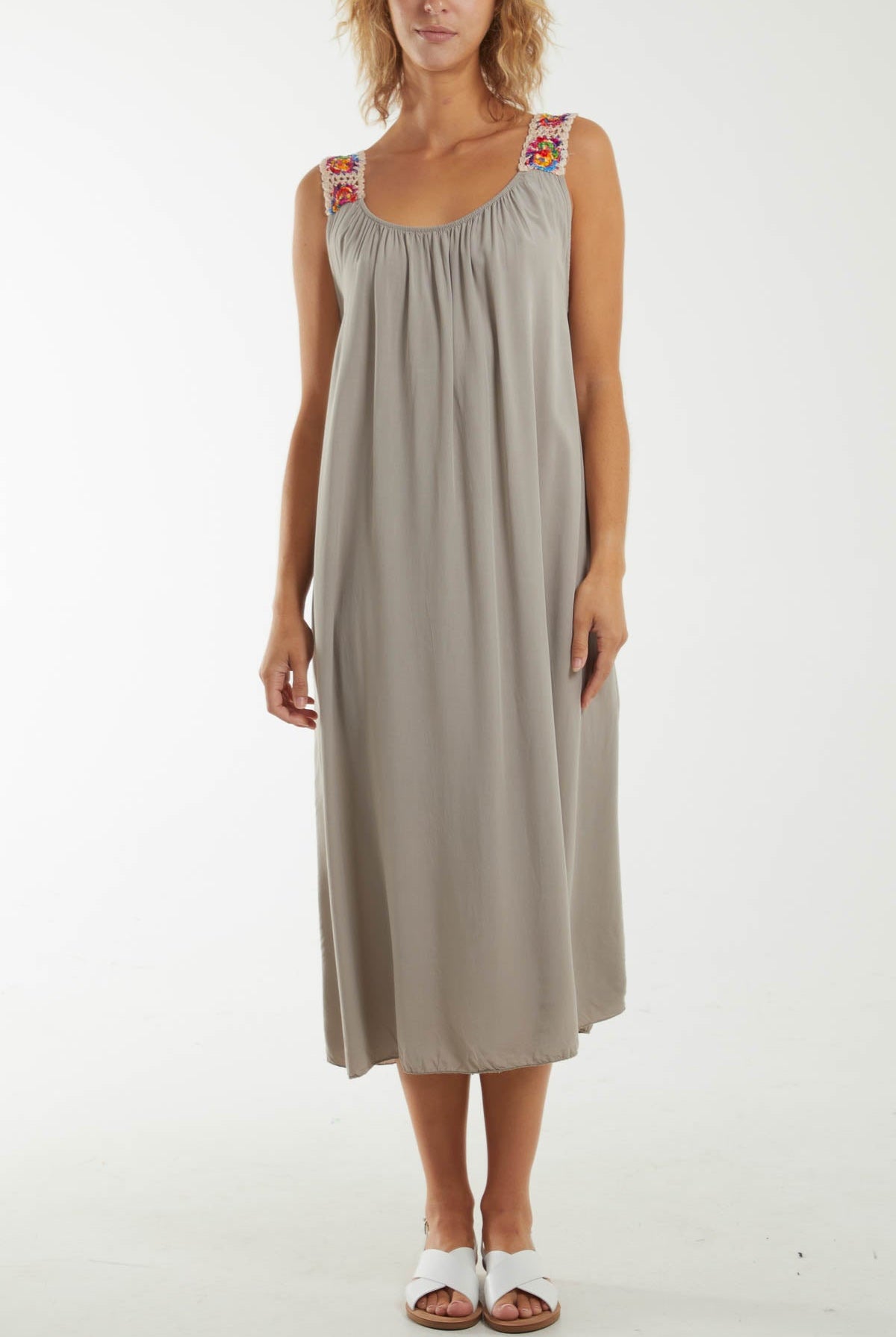 Crochet Sleeve Scoop Neck Midi Dress Dresses WearAll Mocha One Size