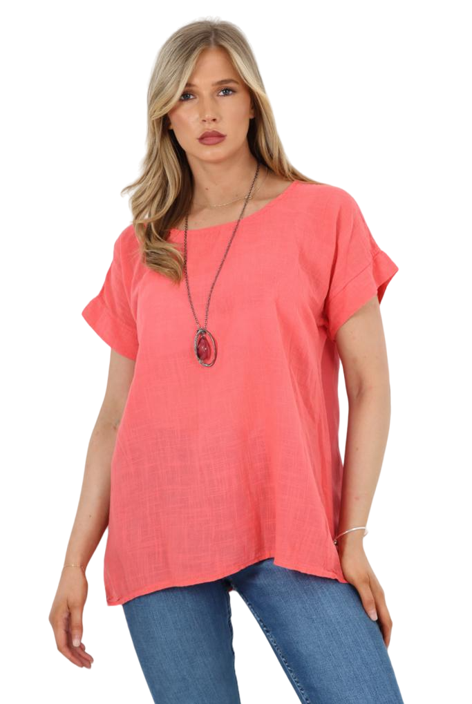 Italian Short Sleeve Necklace Top Tops WearAll Coral 8-10
