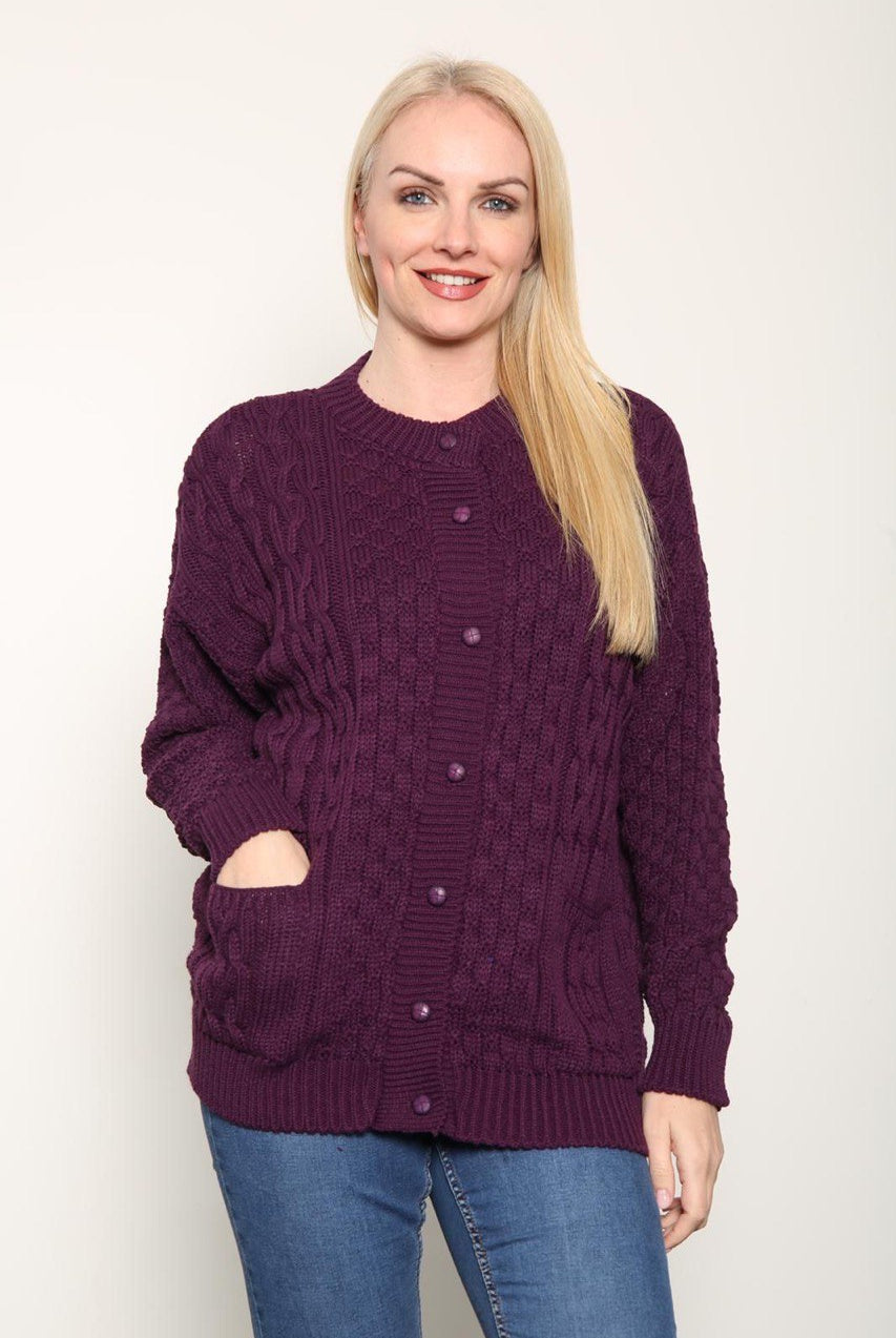 Chunky Cable Knit Long Sleeve Cardigan cardigan WearAll Purple 16-18