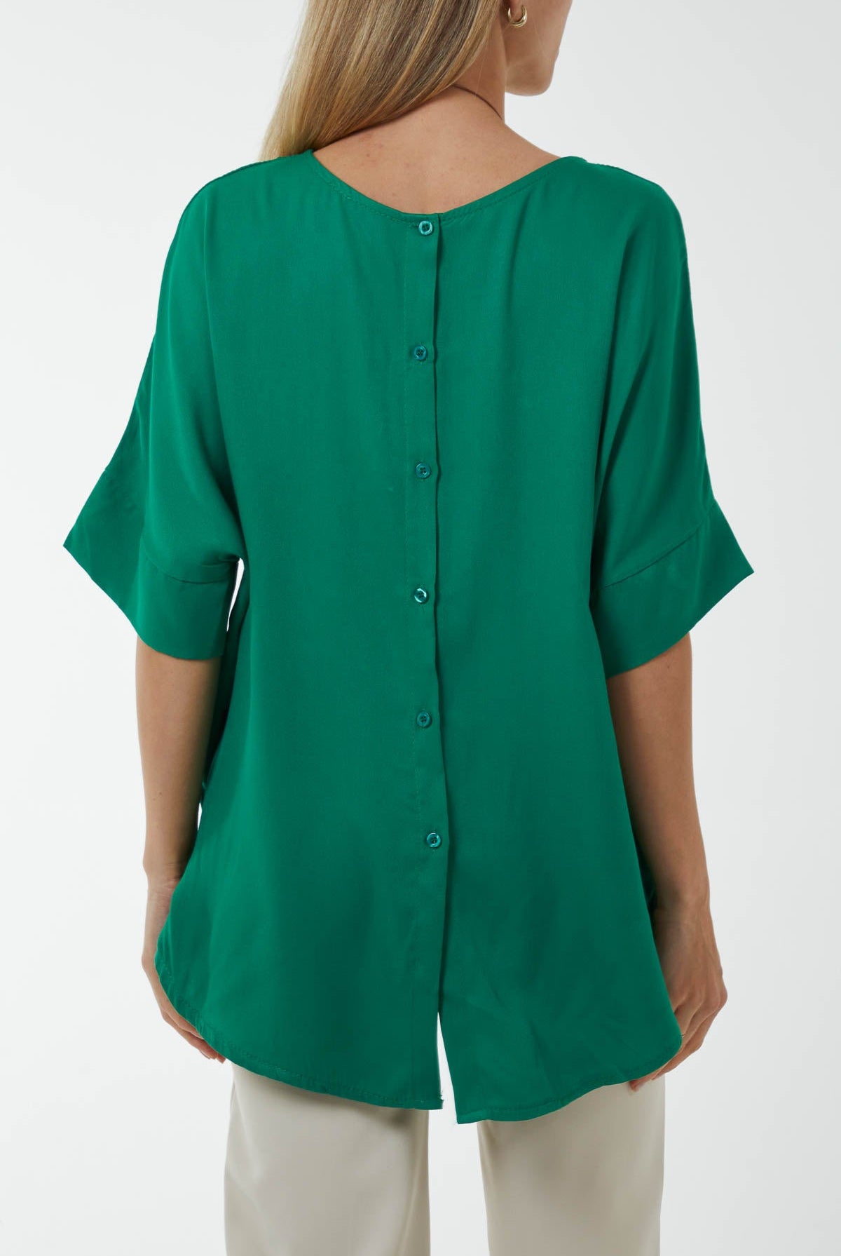 Button Back Asymmetric Necklace Top Tops WearAll