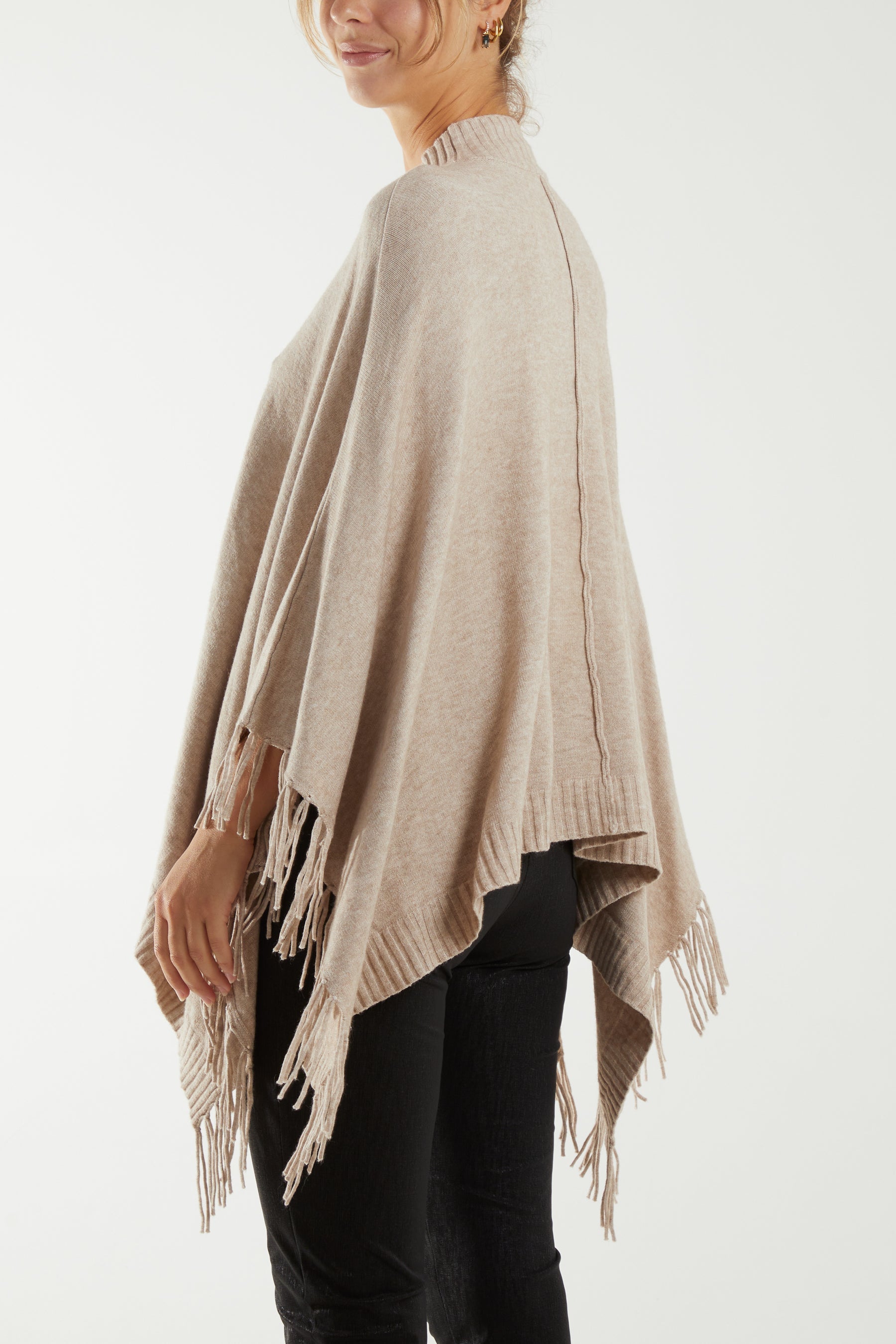 Turtle Neck Fringed Poncho Ponchos WearAll