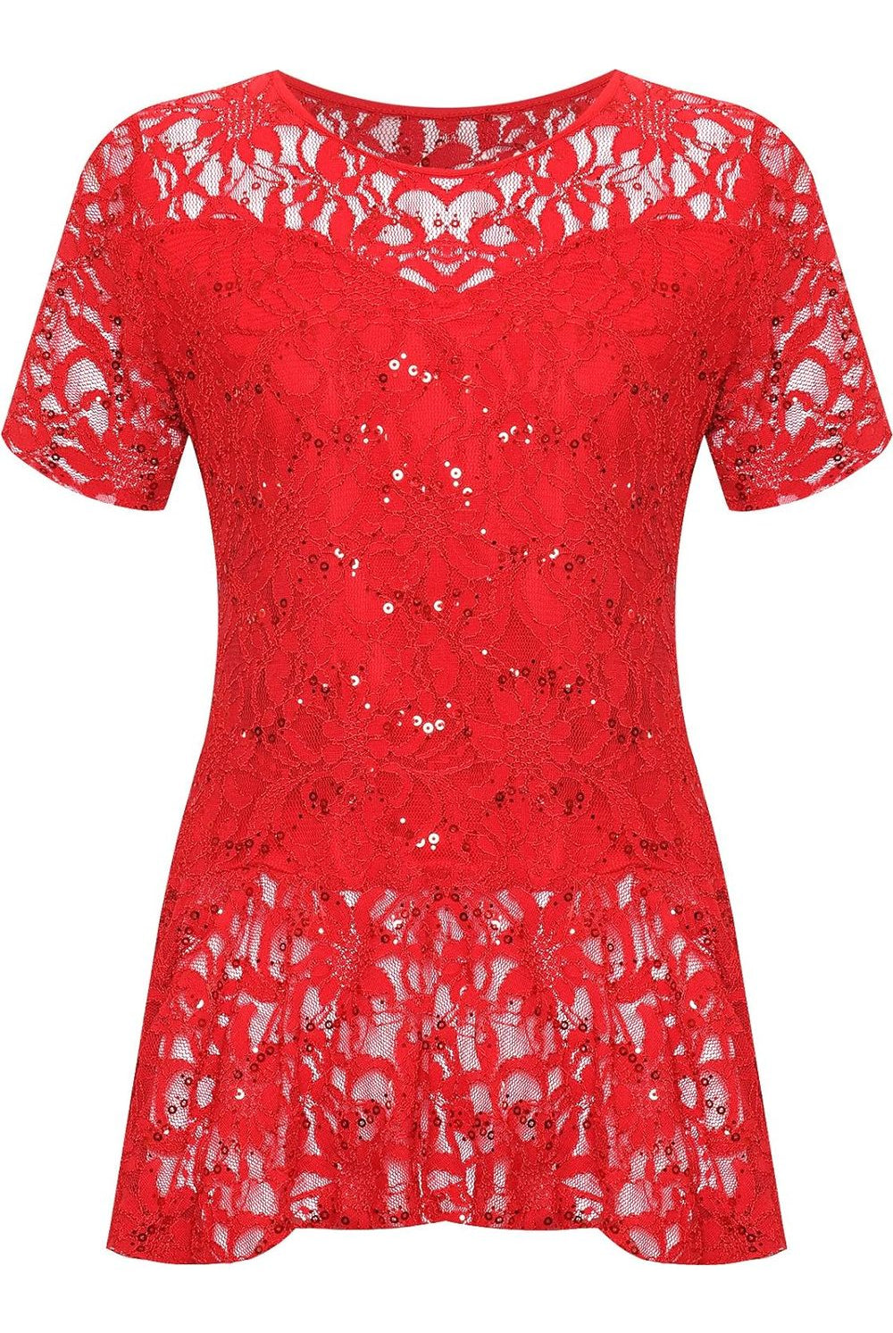 Lace Sequin Peplum Frill Top Tops WearAll Red 14