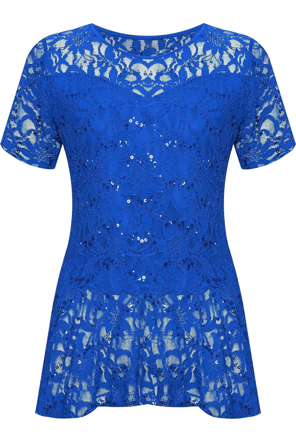 Lace Sequin Peplum Frill Top Tops WearAll Royal Blue 14