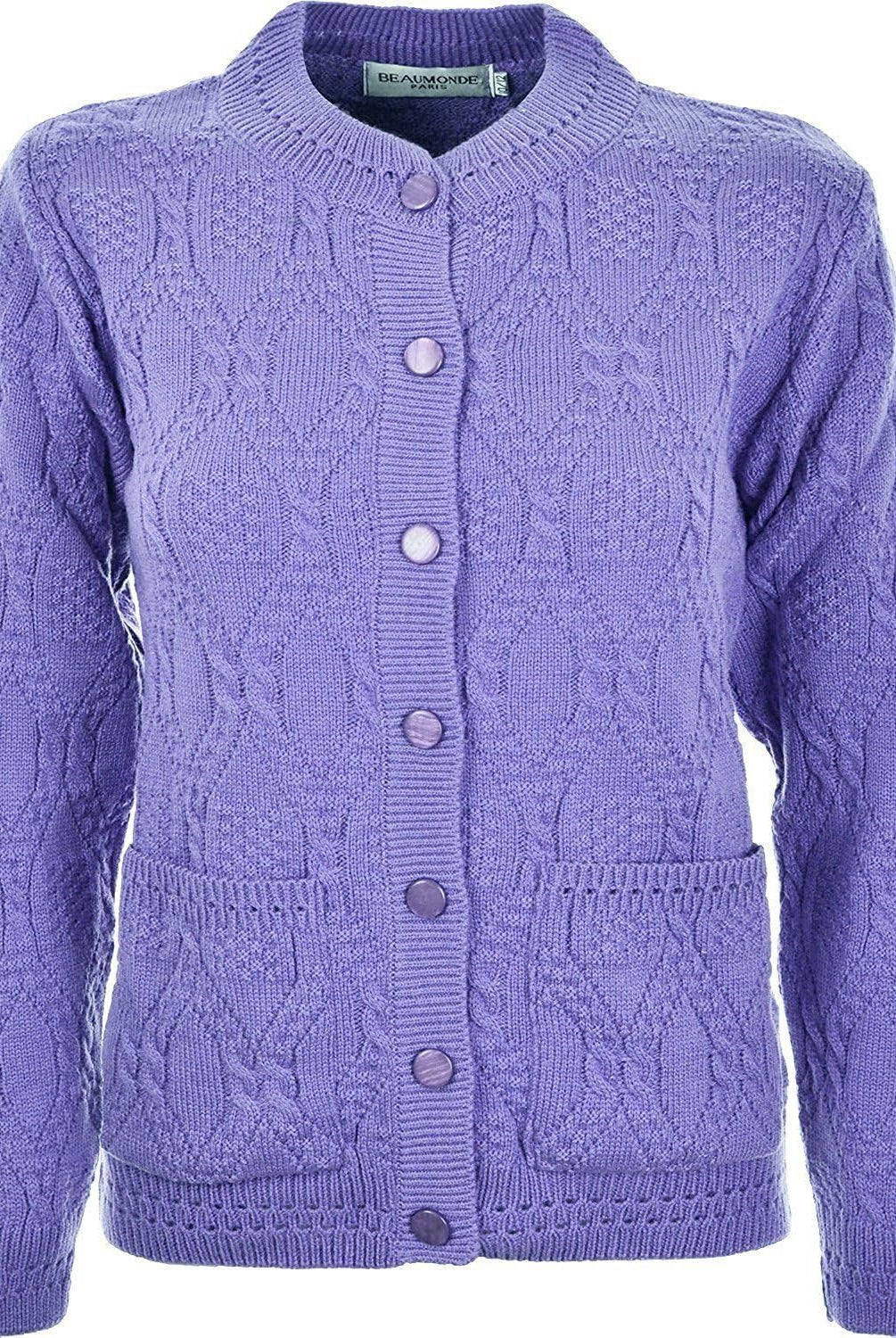 Knitted Crew Neck Pocket Front Button Cardigan Cardigans WearAll Lilac 10-12
