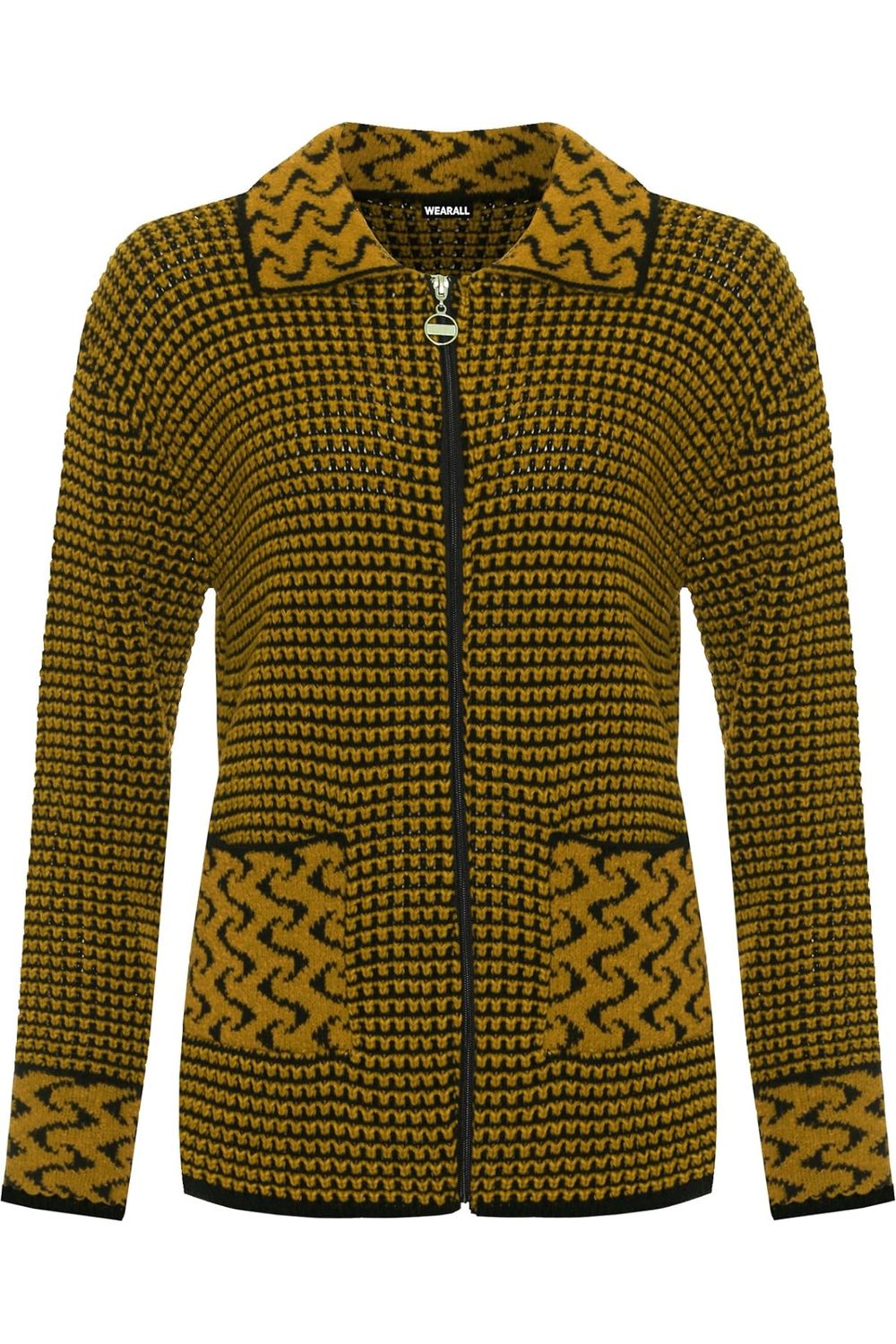 Knitted Cardigan Zip Pocket Leopard Collar Knitted Cardigan WearAll Mustard 8-10