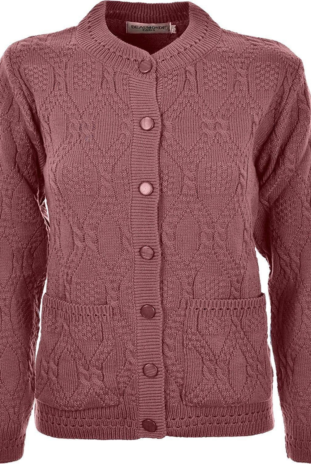 Knitted Crew Neck Pocket Front Button Cardigan Cardigans WearAll Pink 10-12