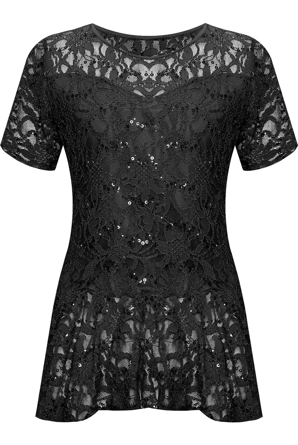 Lace Sequin Peplum Frill Top Tops WearAll Black 14