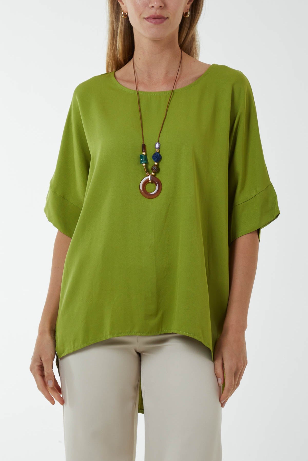 Button Back Asymmetric Necklace Top Tops WearAll Lime One Size