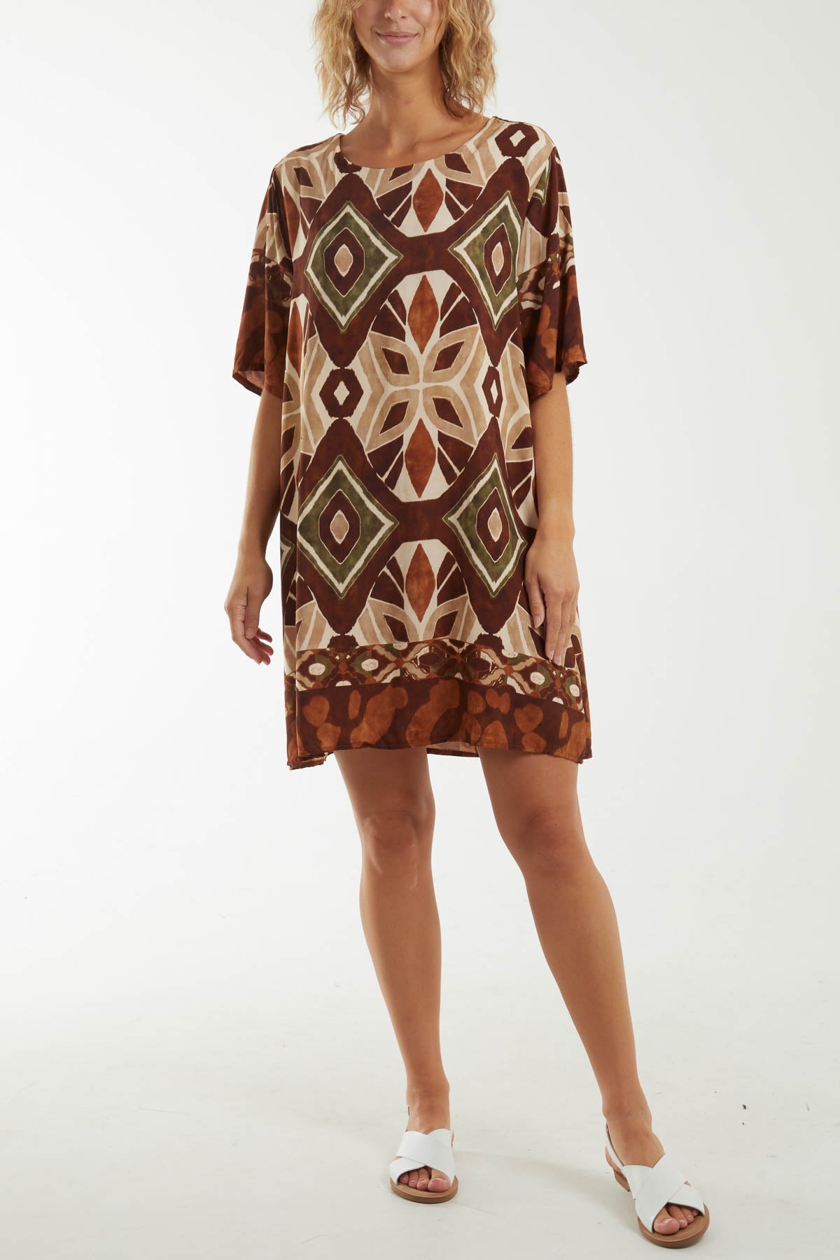 Tribal Short Sleeve Mini Dress Dresses WearAll Chocolate One Size