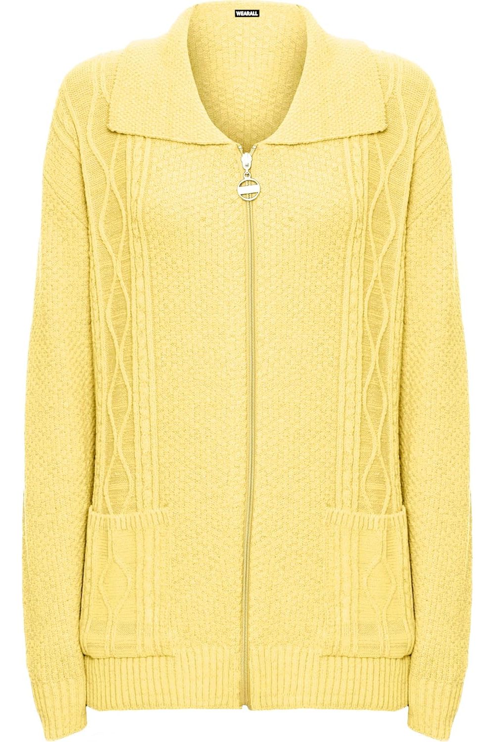 Plus Size Knit Collar Long Sleeve Zip Cardigan Knitted Cardigan WearAll Yellow 16-18