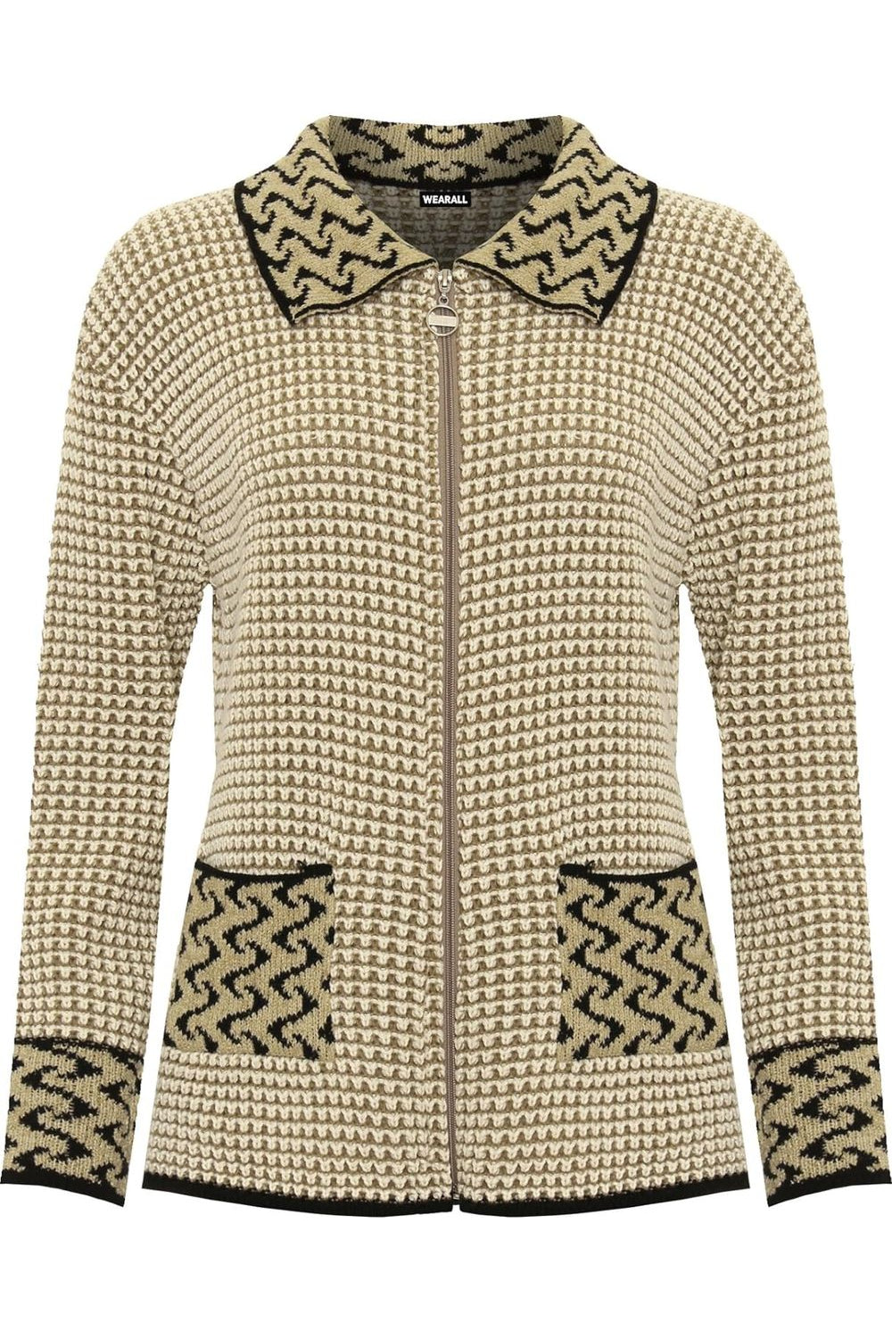 Knitted Cardigan Zip Pocket Leopard Collar Knitted Cardigan WearAll Stone Cream 8-10