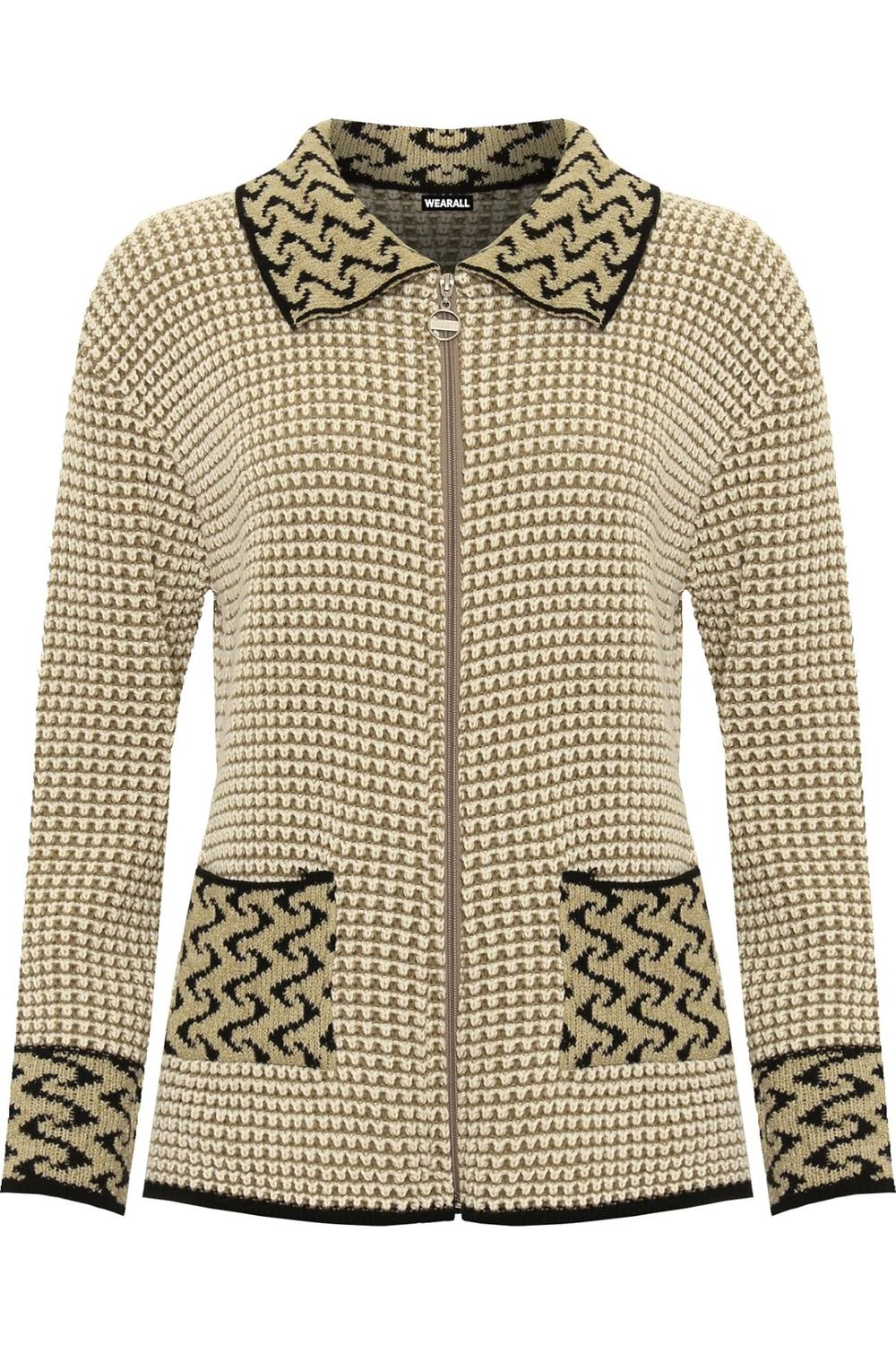 Knitted Cardigan Zip Pocket Leopard Collar Knitted Cardigan WearAll Stone Cream 8-10