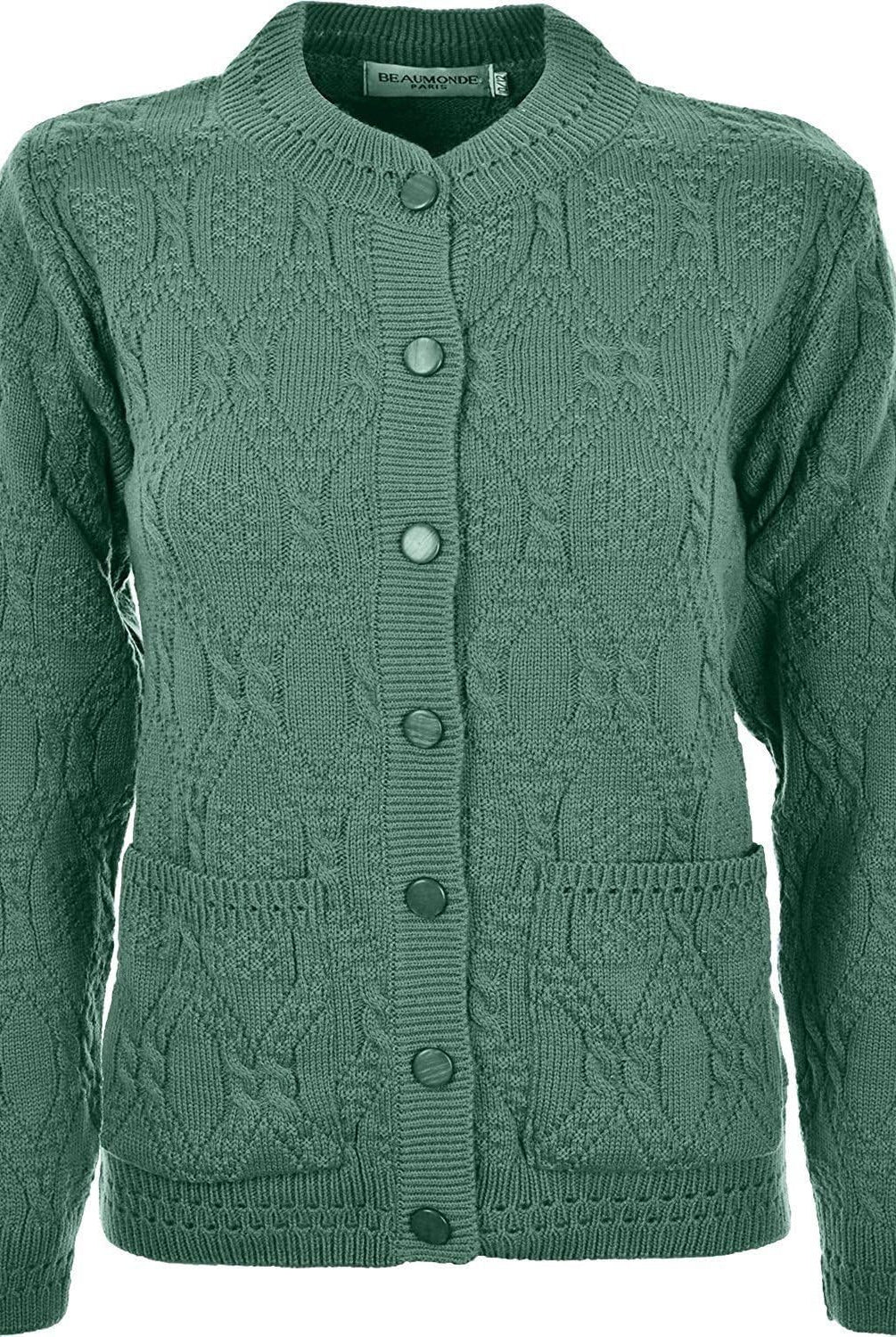 Knitted Crew Neck Pocket Front Button Cardigan Cardigans WearAll Green 10-12