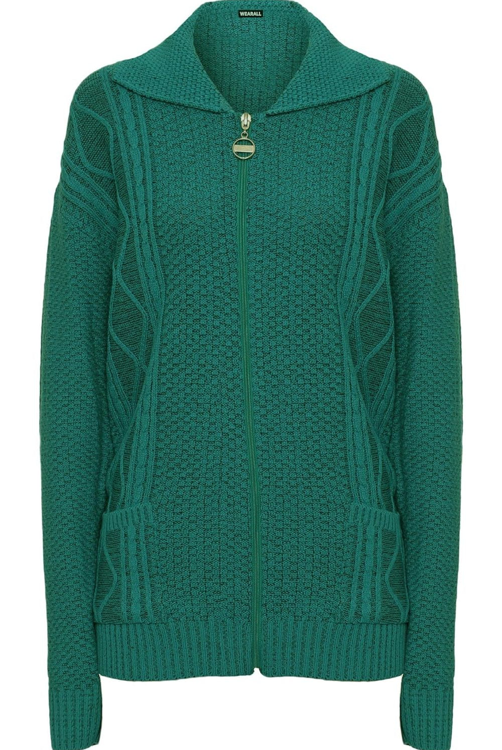 Plus Size Knit Collar Long Sleeve Zip Cardigan Knitted Cardigan WearAll Teal 16-18