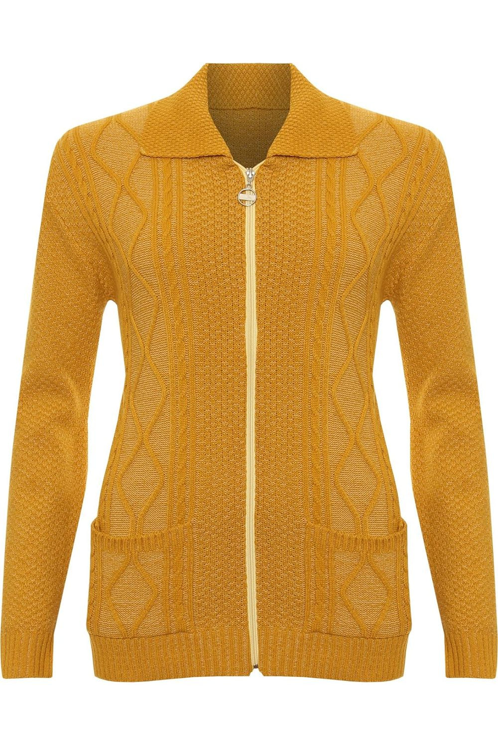 Plus Size Knit Collar Long Sleeve Zip Cardigan Knitted Cardigan WearAll Mustard 16-18