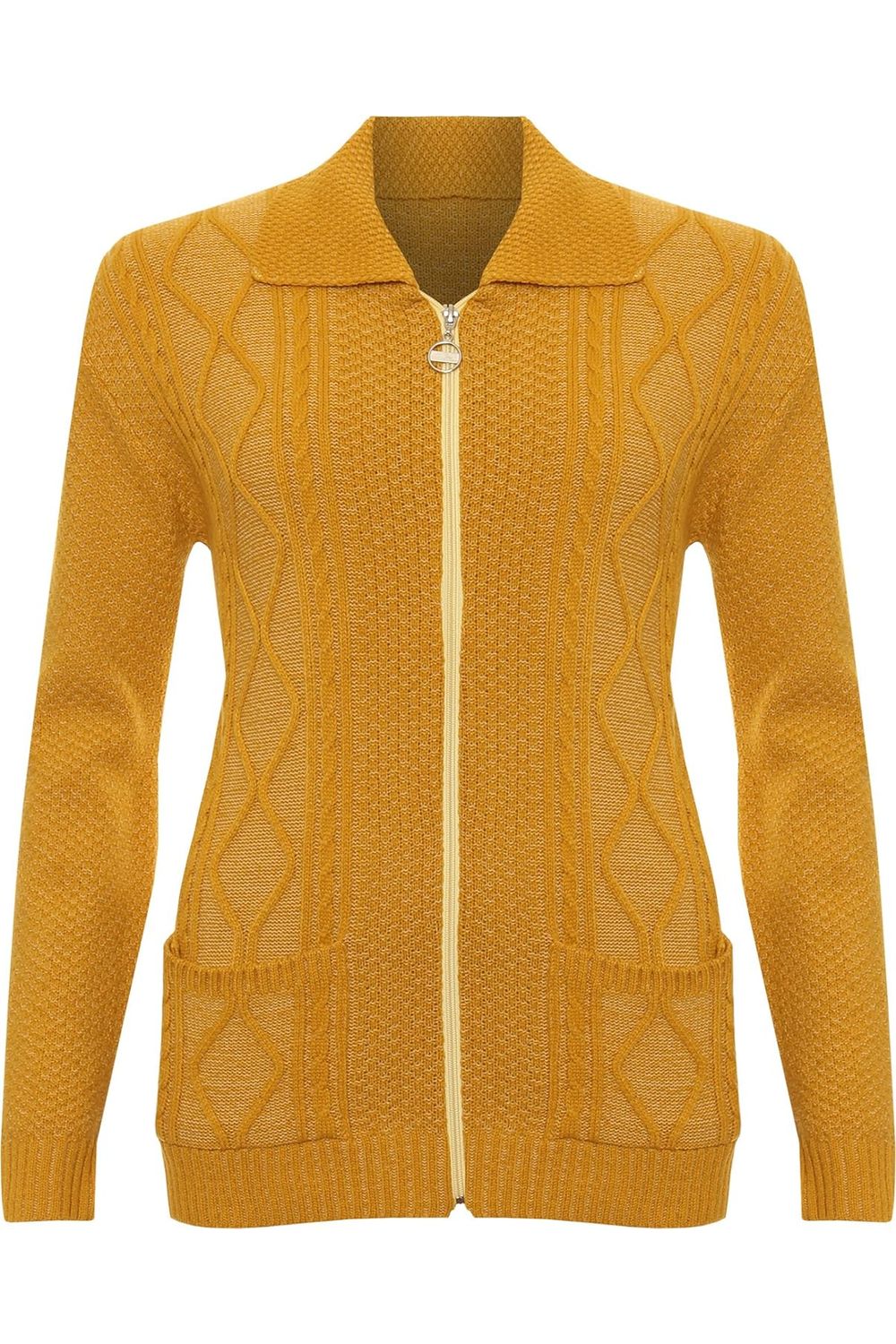 Plus Size Knit Collar Long Sleeve Zip Cardigan Knitted Cardigan WearAll Mustard 16-18