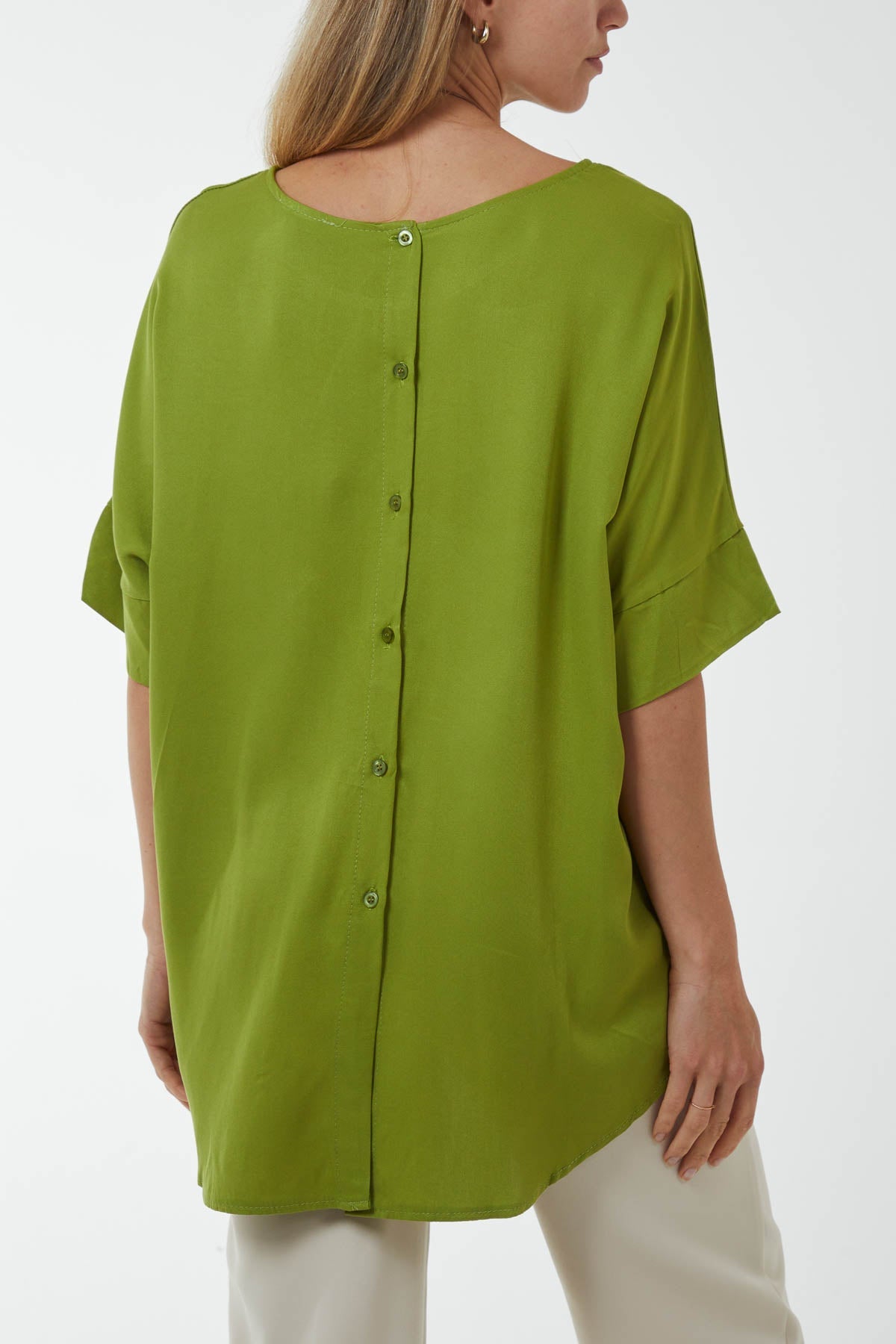 Button Back Asymmetric Necklace Top Tops WearAll