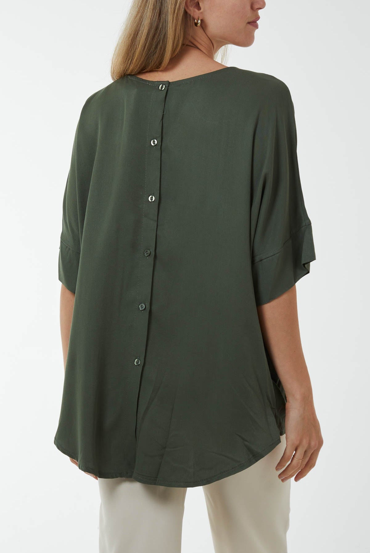 Button Back Asymmetric Necklace Top Tops WearAll