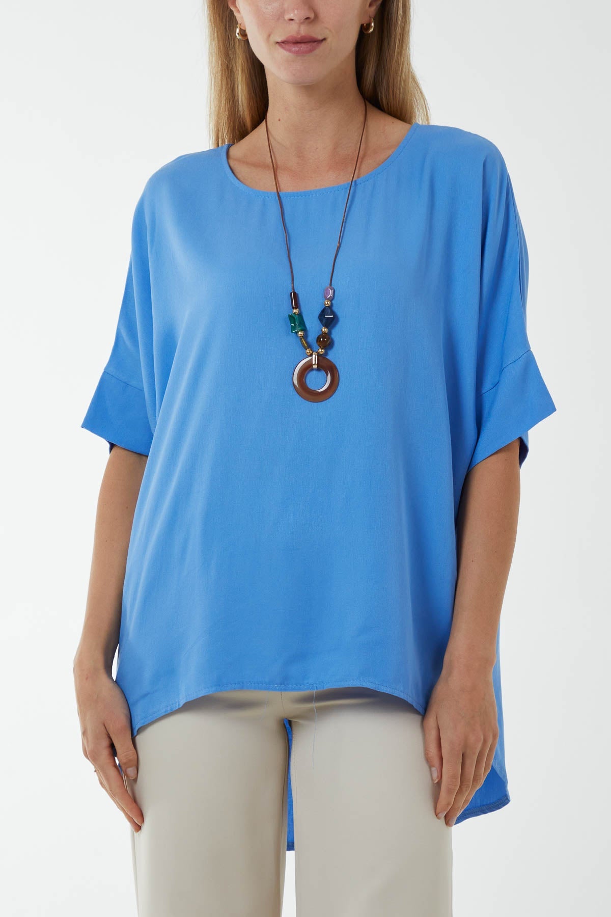Button Back Asymmetric Necklace Top Tops WearAll Light Blue One Size