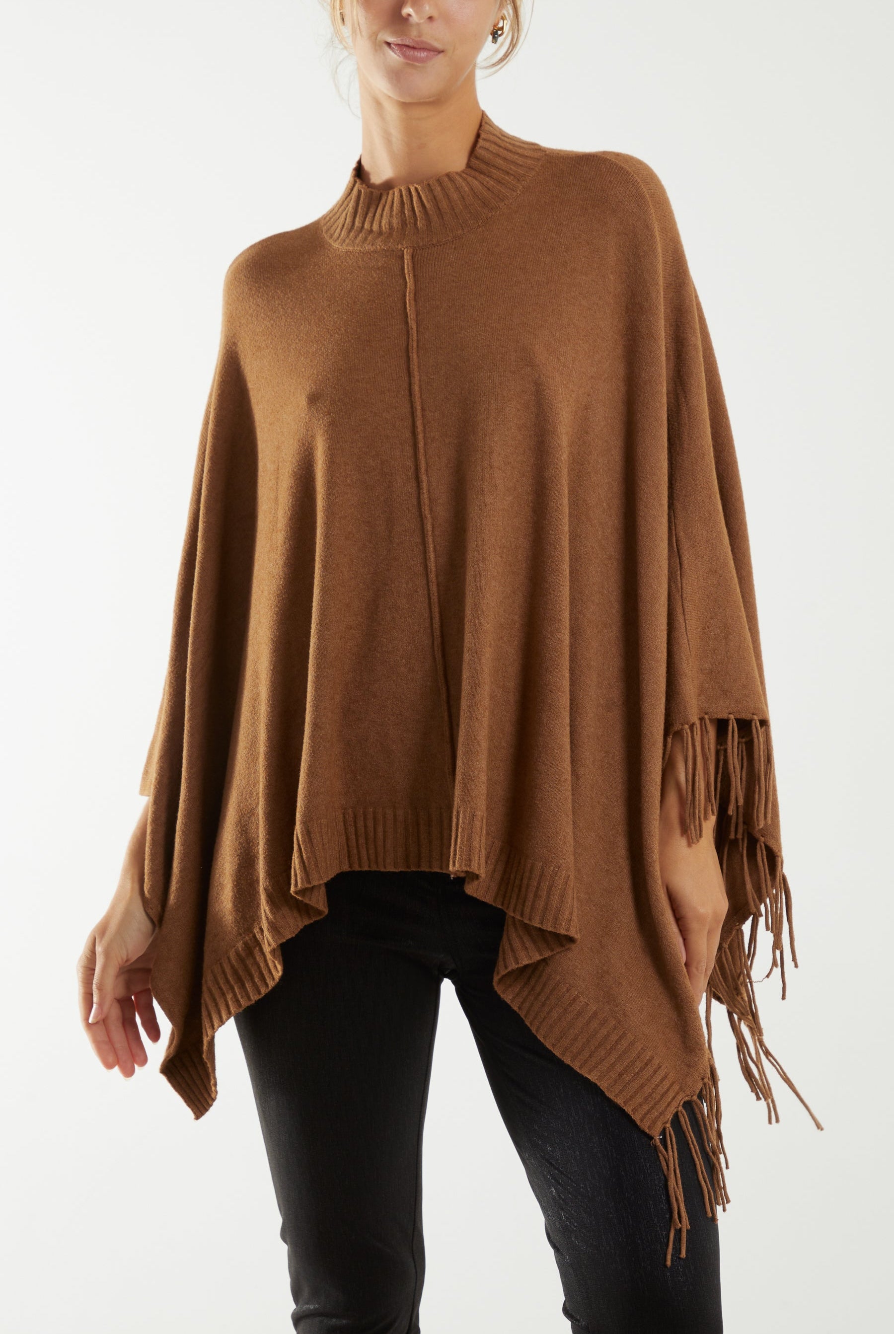 Turtle Neck Fringed Poncho Ponchos WearAll