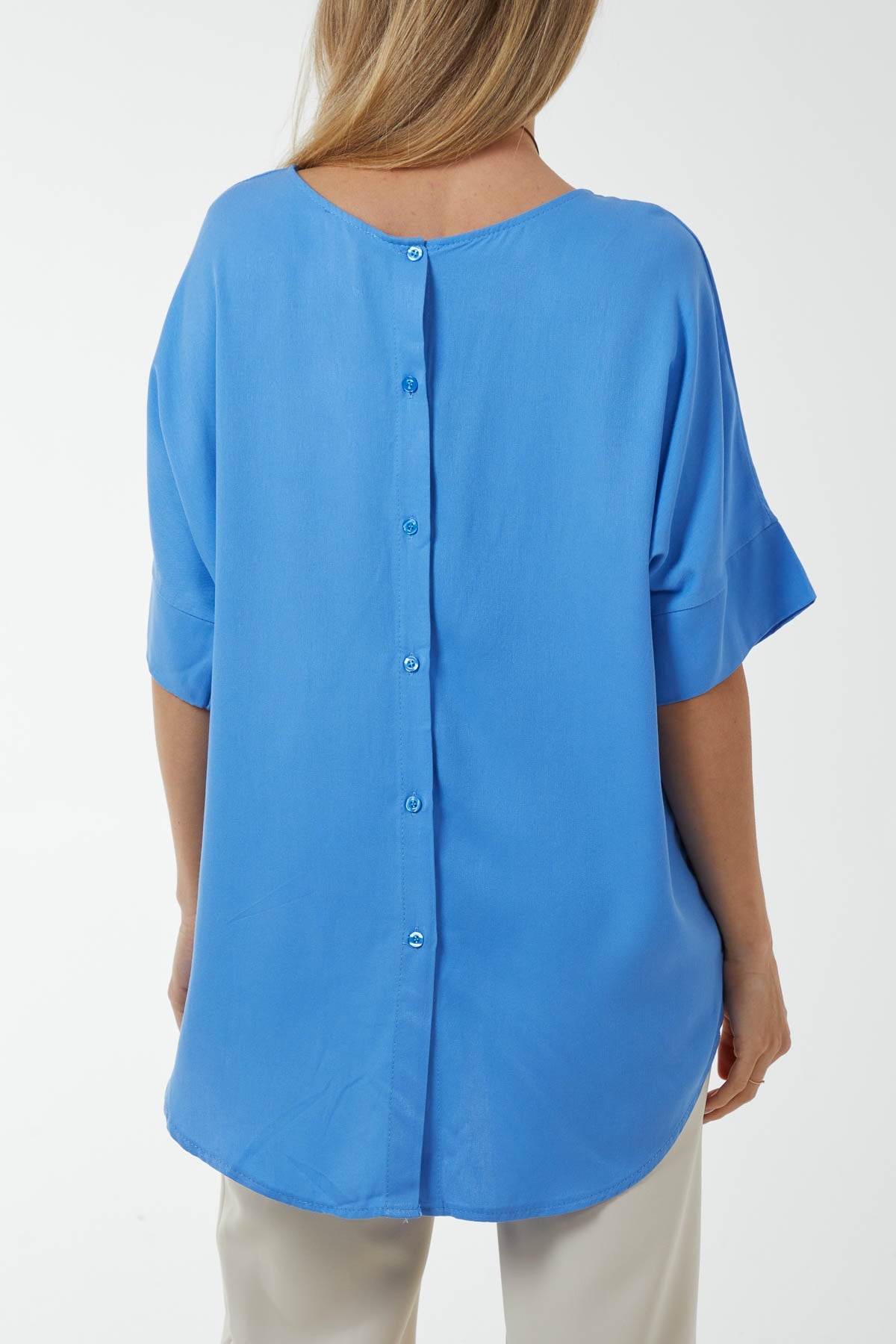 Button Back Asymmetric Necklace Top Tops WearAll