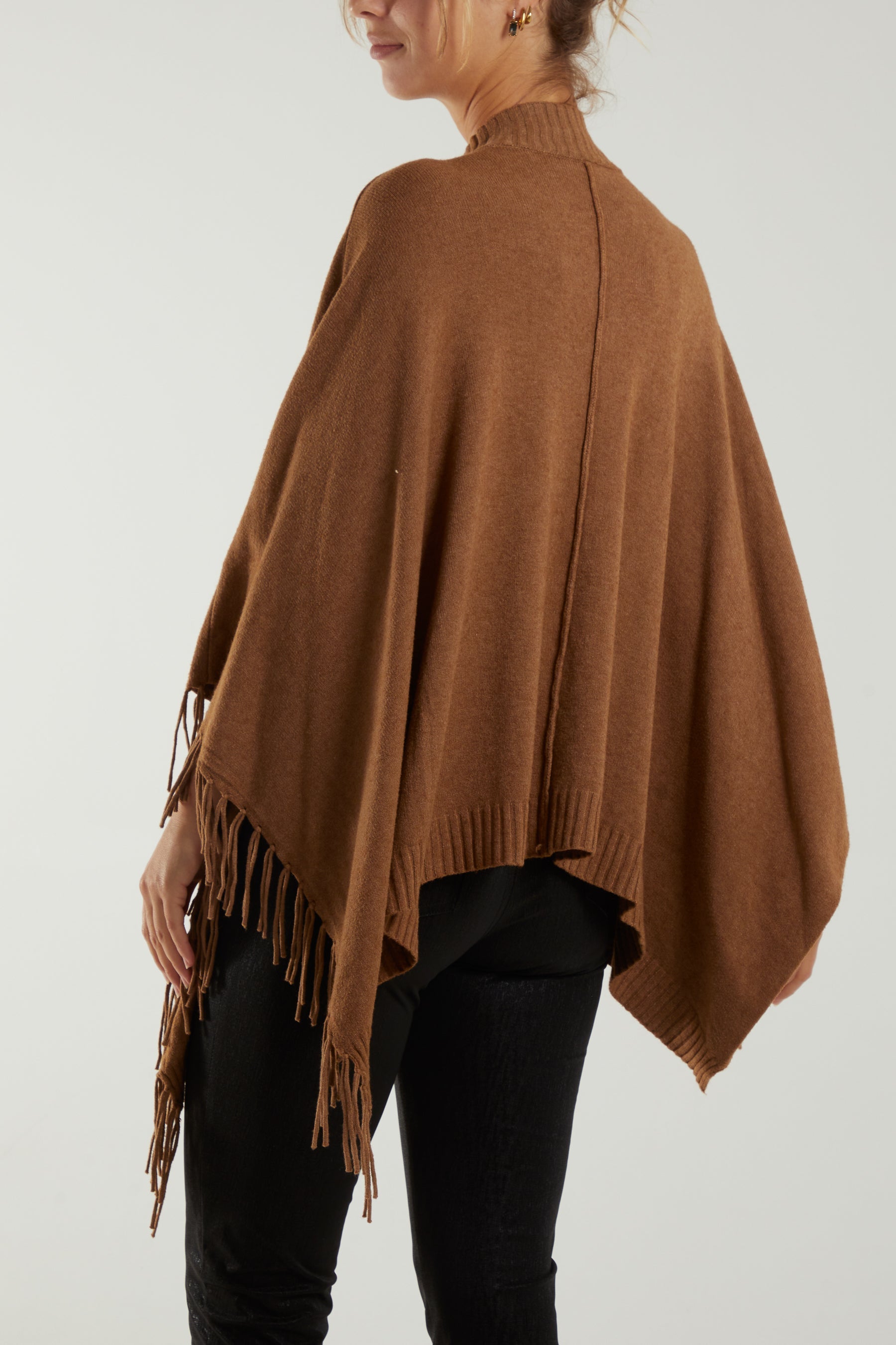 Turtle Neck Fringed Poncho Ponchos WearAll