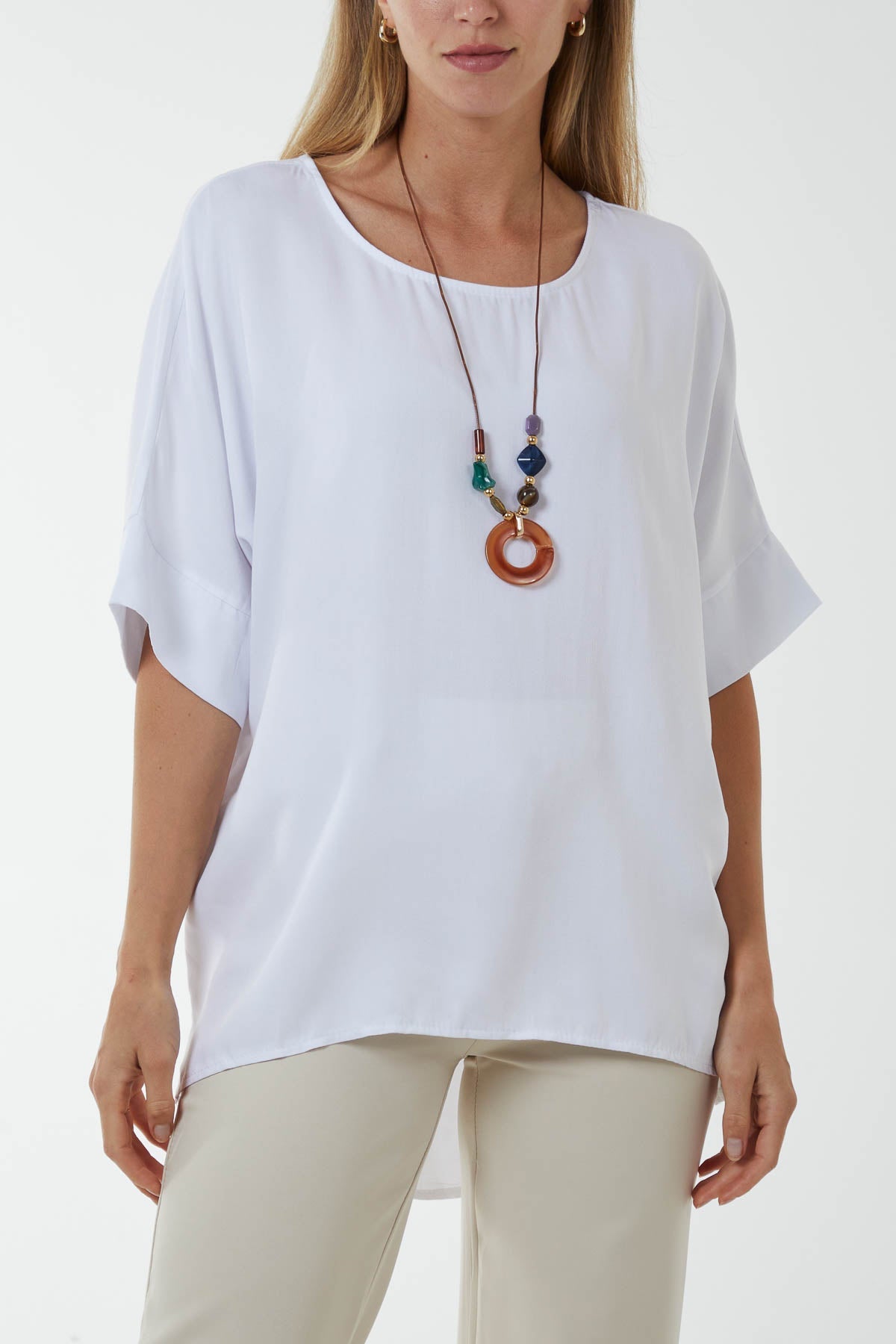 Button Back Asymmetric Necklace Top Tops WearAll White One Size