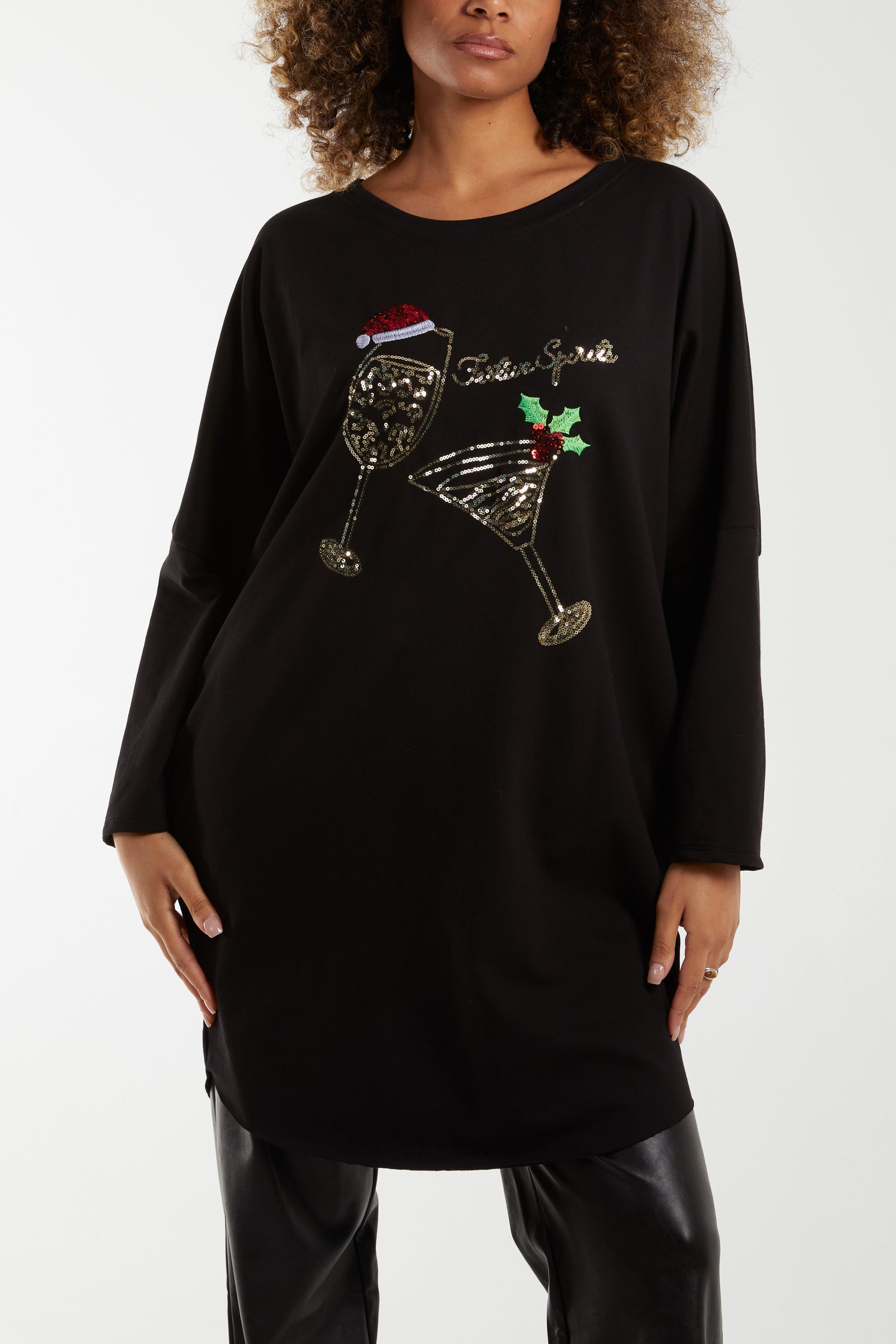 Sequin Festive Glasses Sweatshirt/Dress Dresses WearAll Black One Size