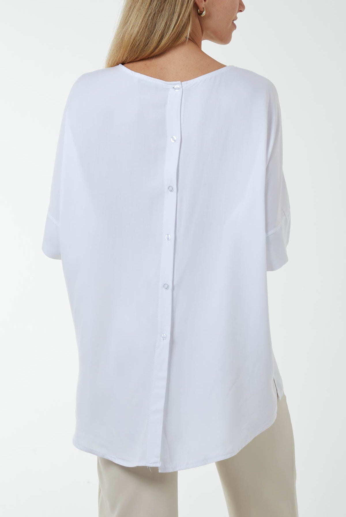 Button Back Asymmetric Necklace Top Tops WearAll