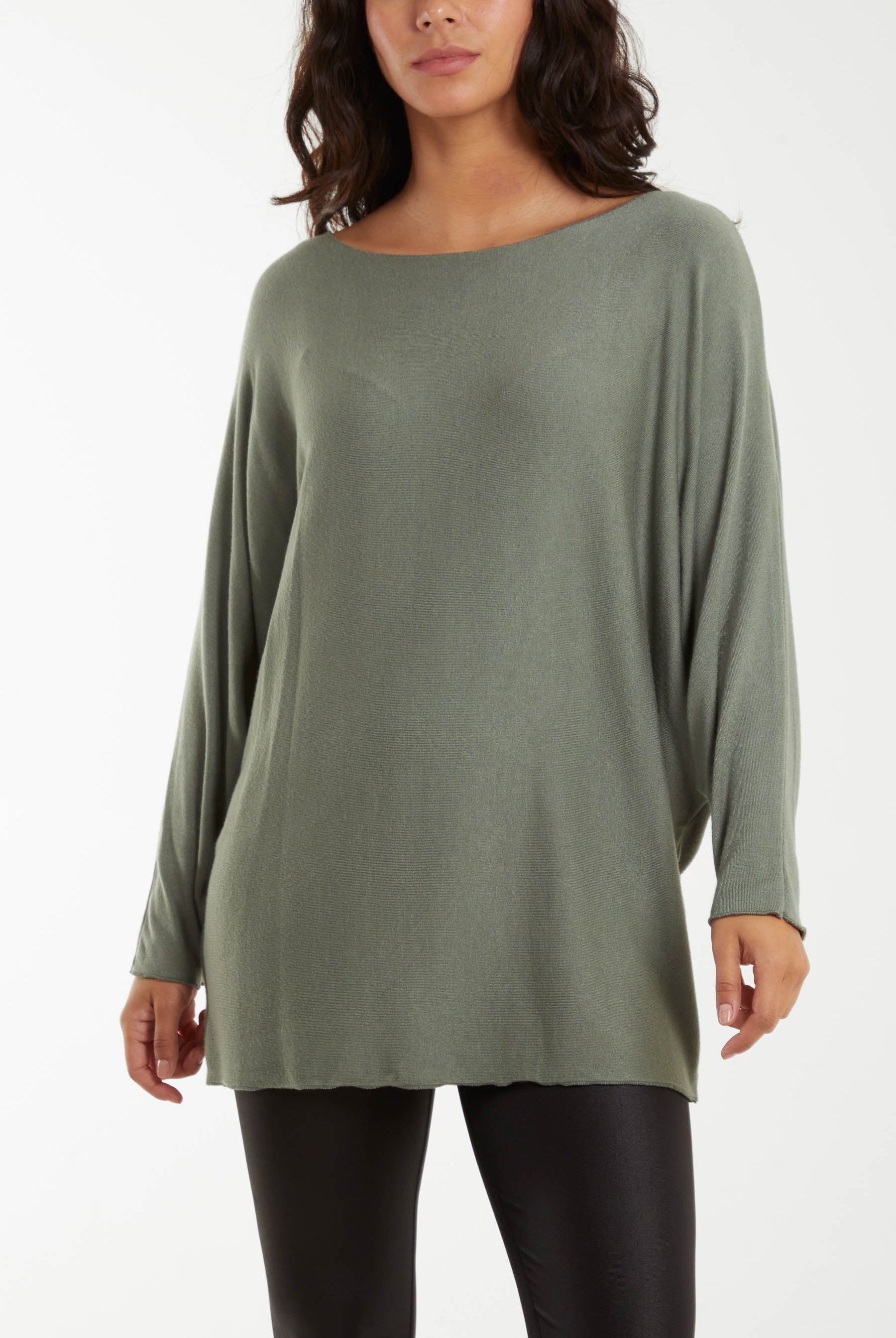 Round Neck Batwing Fine Knit Jumper Jumpers WearAll Khaki One Size