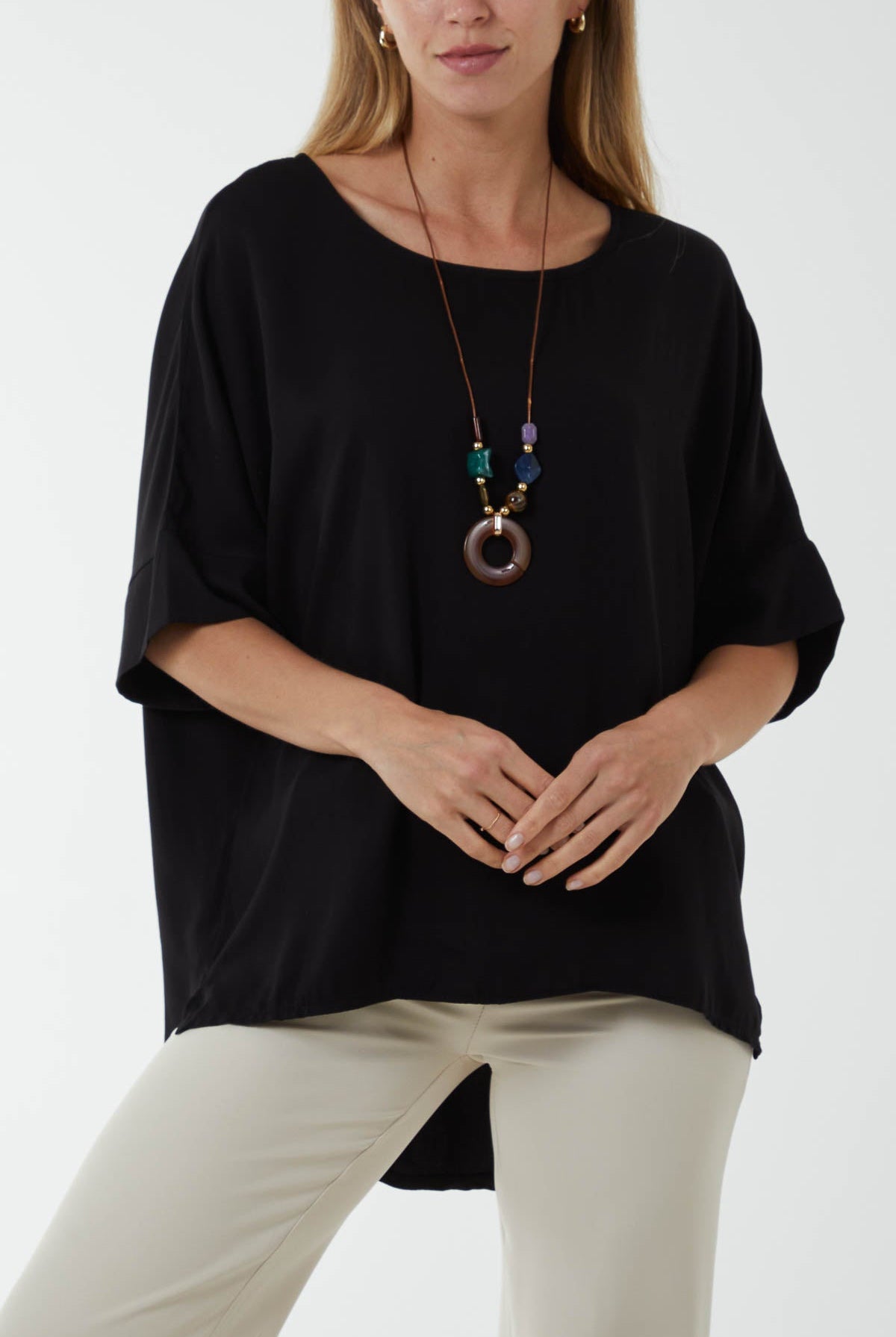 Button Back Asymmetric Necklace Top Tops WearAll Black One Size