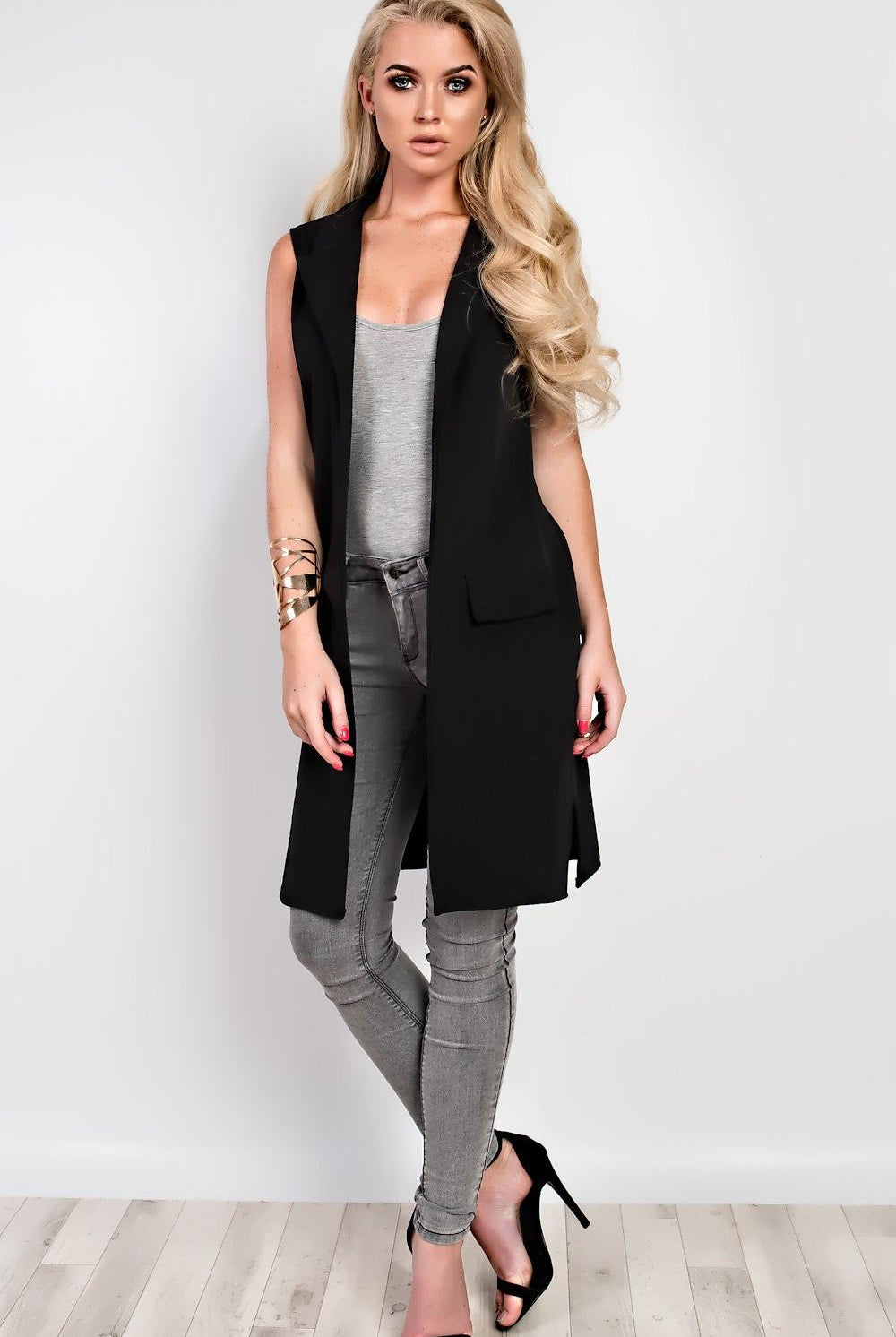 Plus Size Crepe Open Long Waistcoat Pocket Top cardigan WearAll