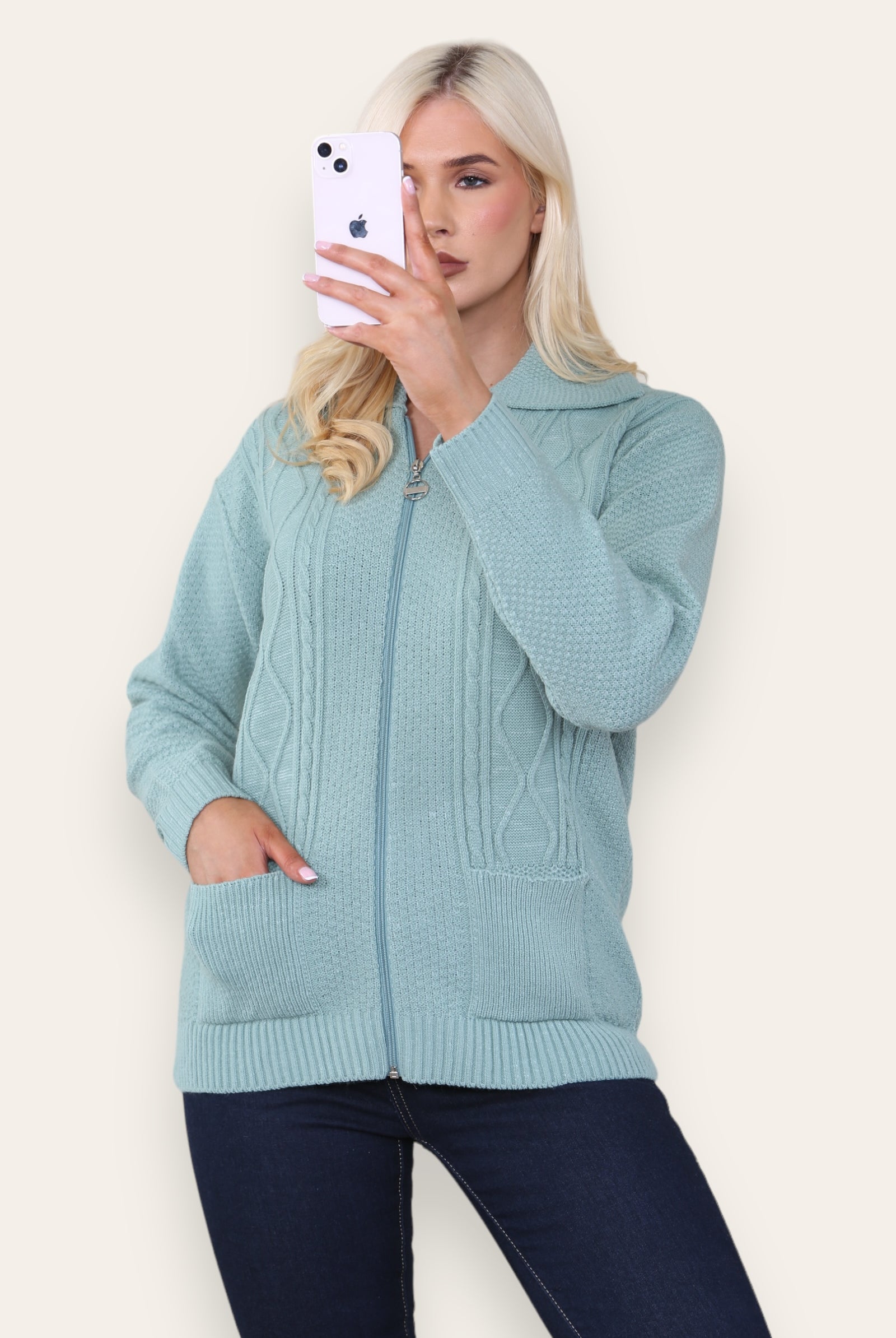 Zip Up Long Sleeve Cardigan Knitted Cardigan WearAll Dusty Green 8-10