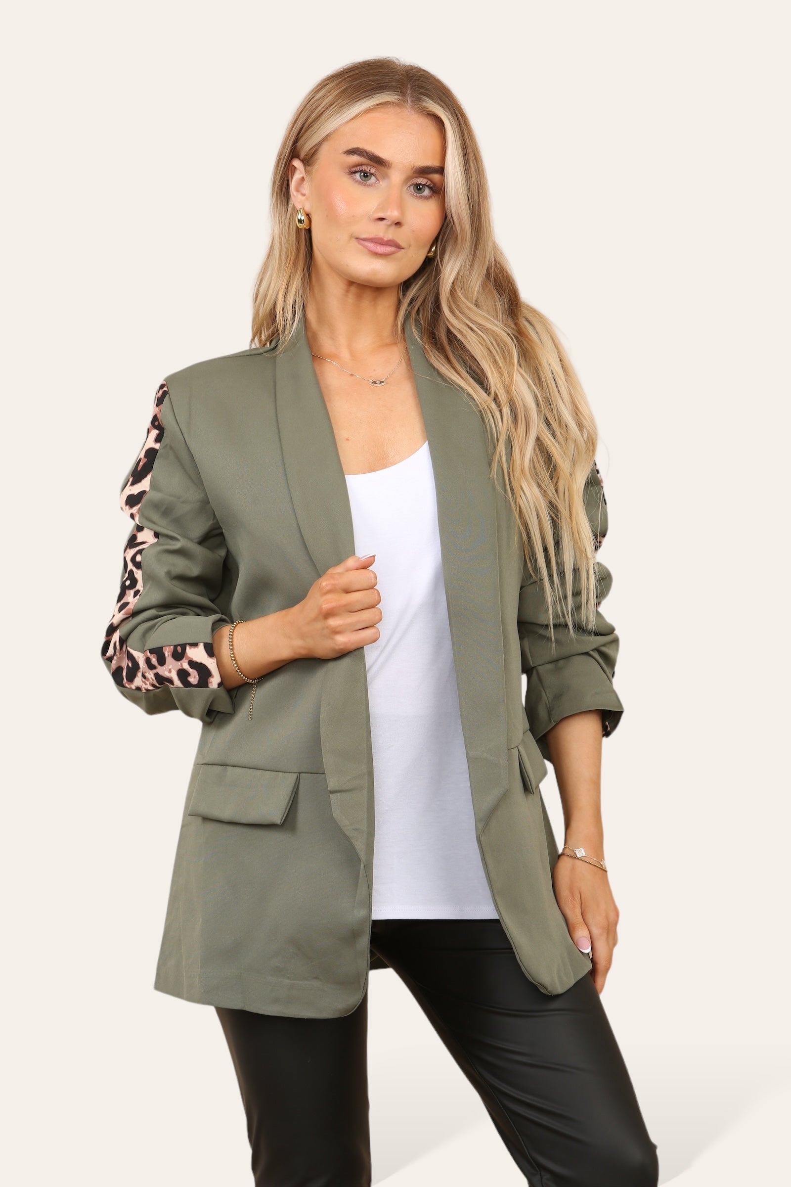 Women's Blazer Leopard Arm Print Jacket Coat Jackets & Coat WearAll khaki M