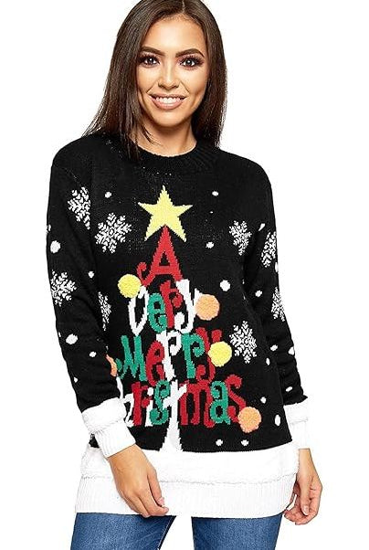 Merry Christmas Snowflake Jumper - Black, Red, Grey Tops WearAll A Very Merry Christmas Black 16-18