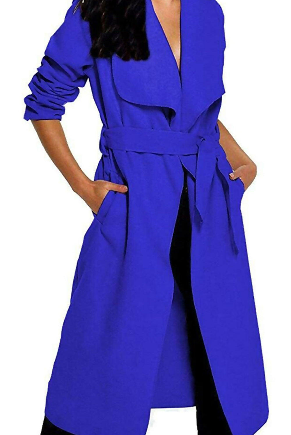 Plus Size Long Belt Pocket Open Coat cardigan WearAll Royal Blue 16-22