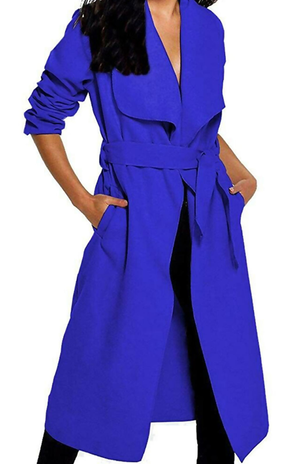 Plus Size Long Belt Pocket Open Coat cardigan WearAll Royal Blue 16-22