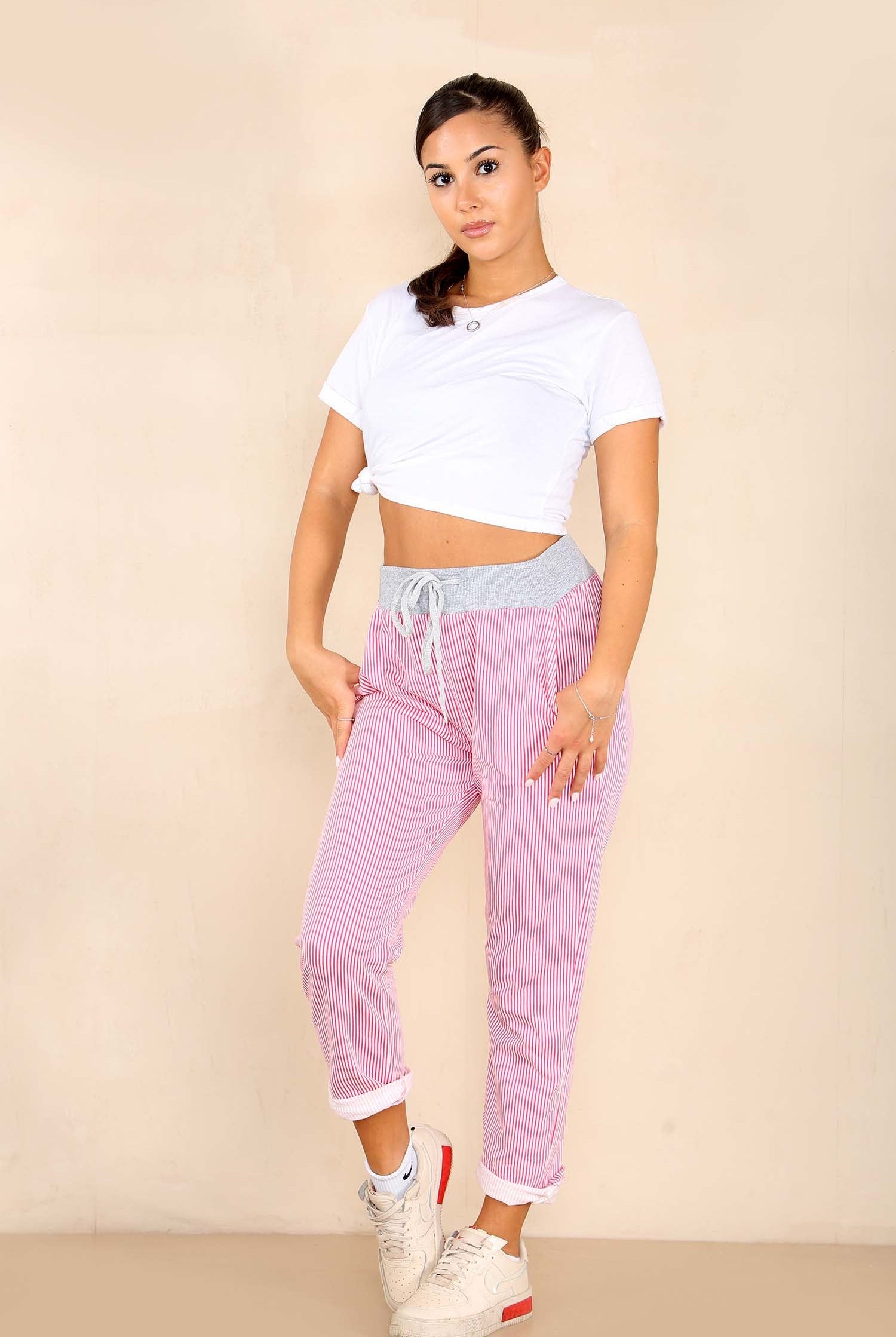 Italian Thin Stripes Print Drawstring Cotton Joggers Trouser WearAll