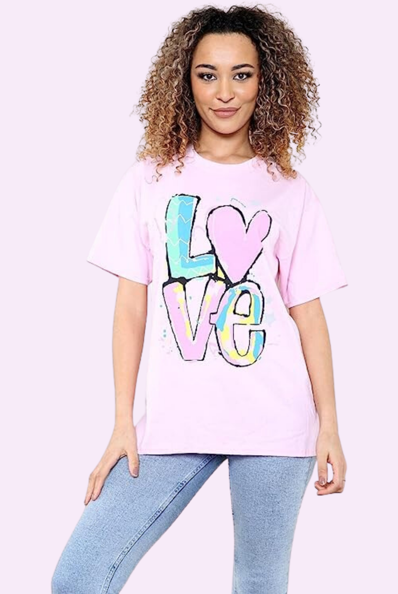 Oversized Love Print T-Shirt Shirts & Tops WearAll Baby Pink 8-10