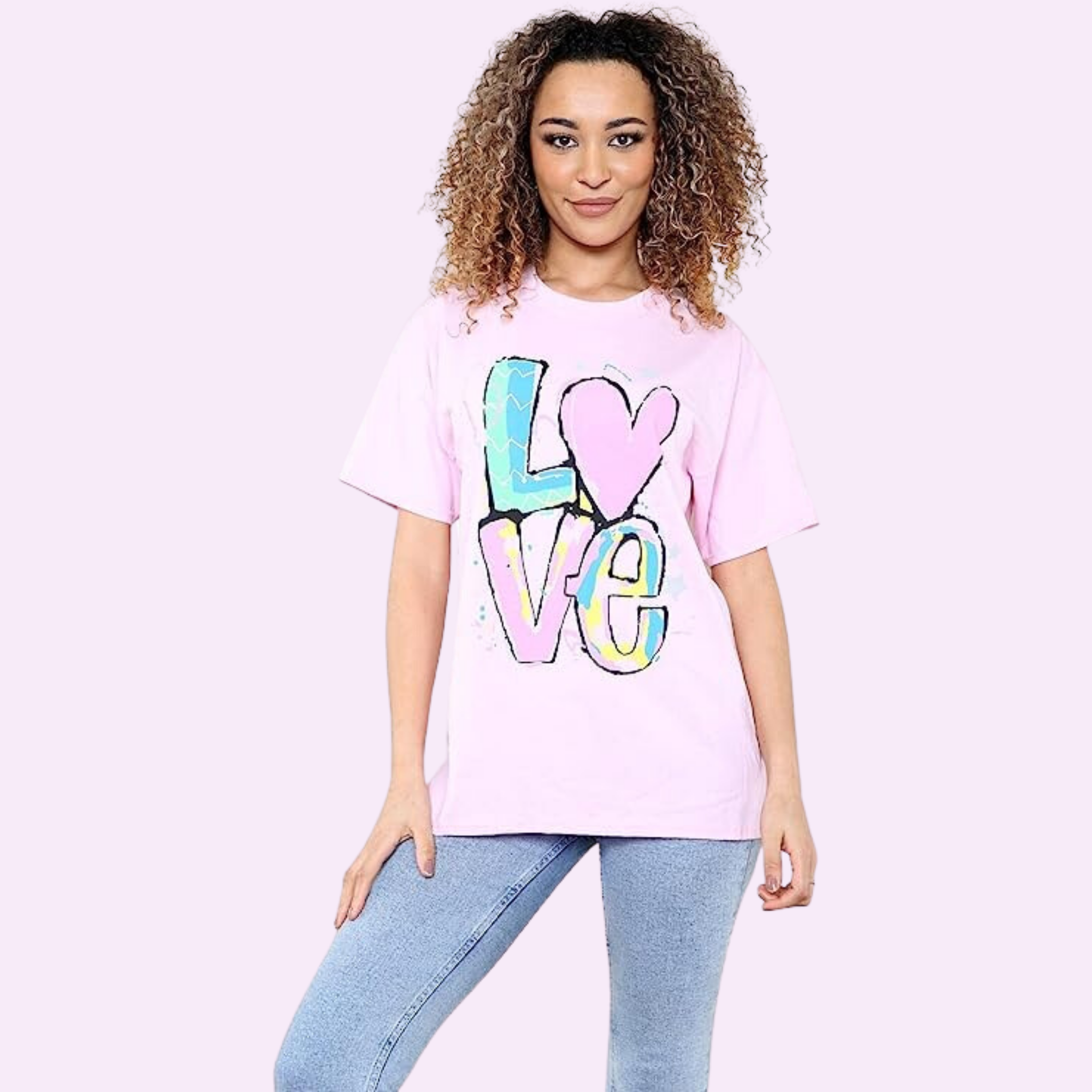 Oversized Love Print T-Shirt Shirts & Tops WearAll Baby Pink 8-10