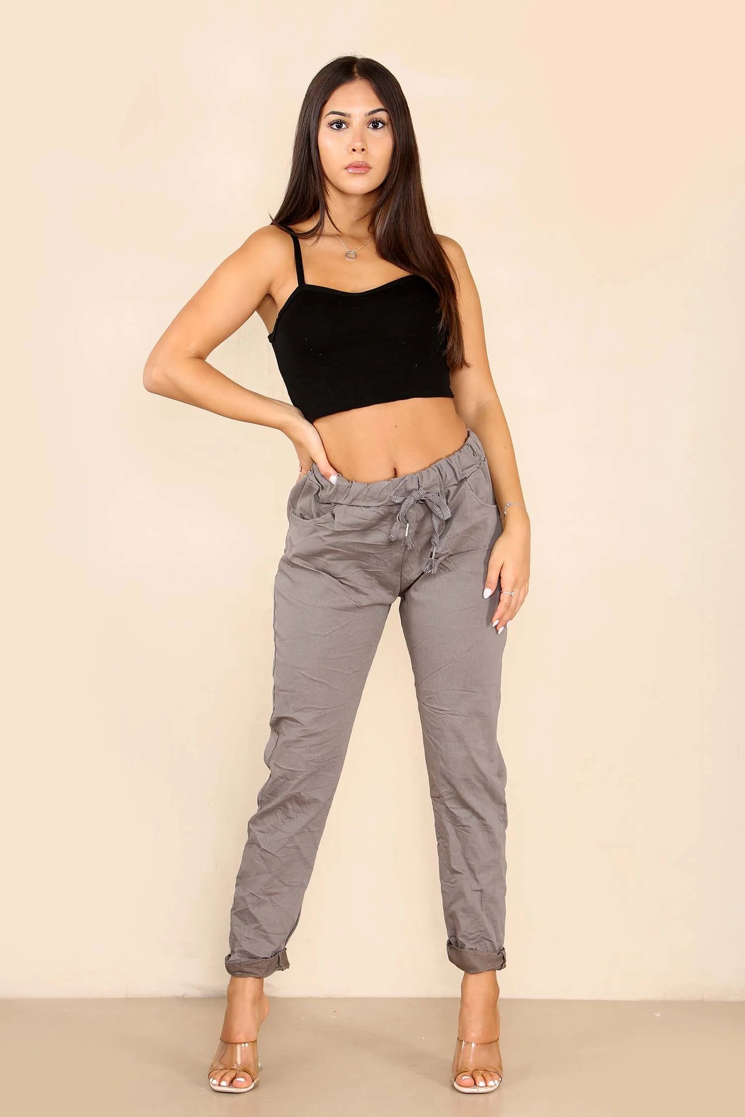 Italian Glitter Drawstring Waistband Magic Pants Trouser WearAll Beige 8