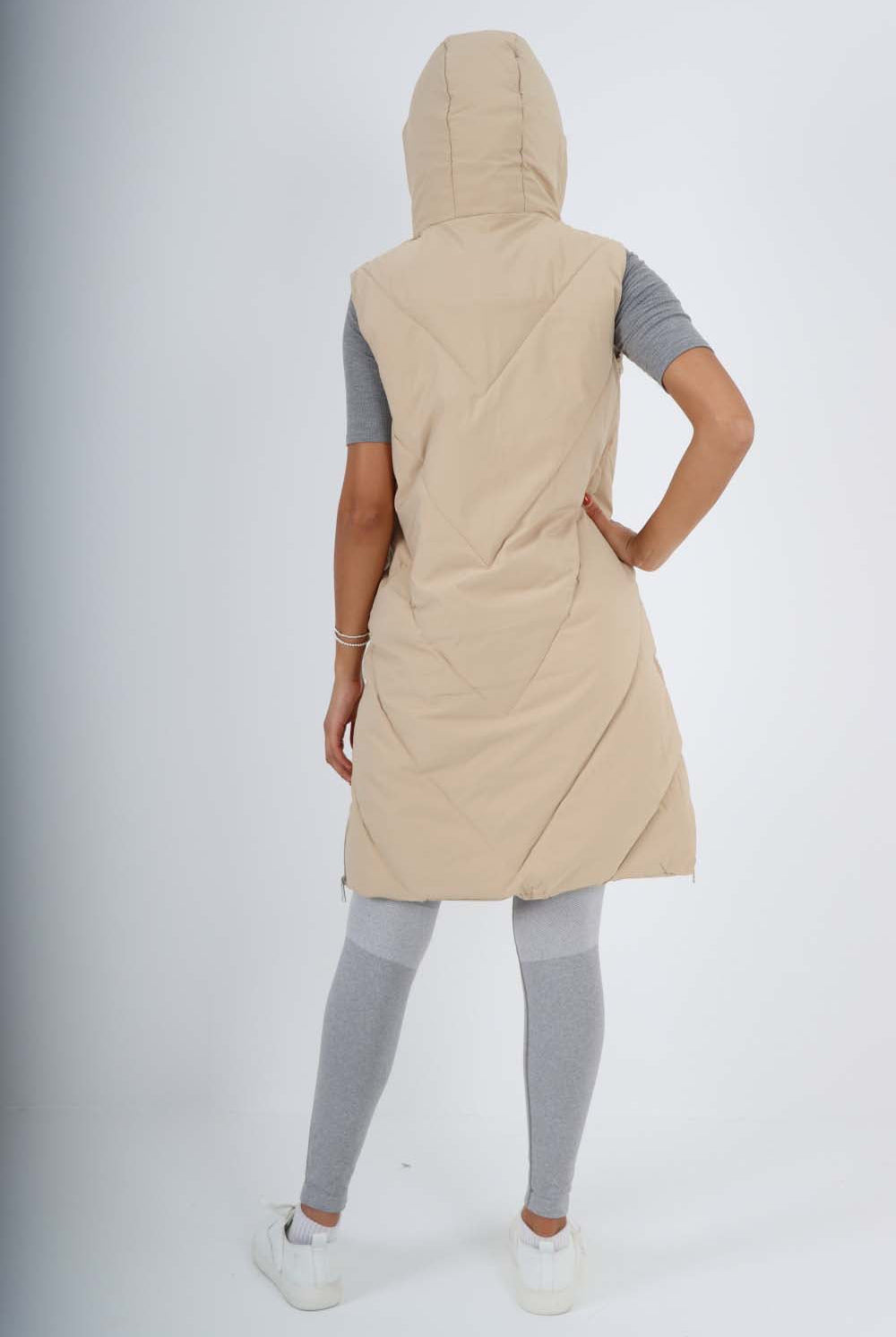 Italian Padded Pockets Hooded Zip up Long Gilet Jackets & Coat WearAll