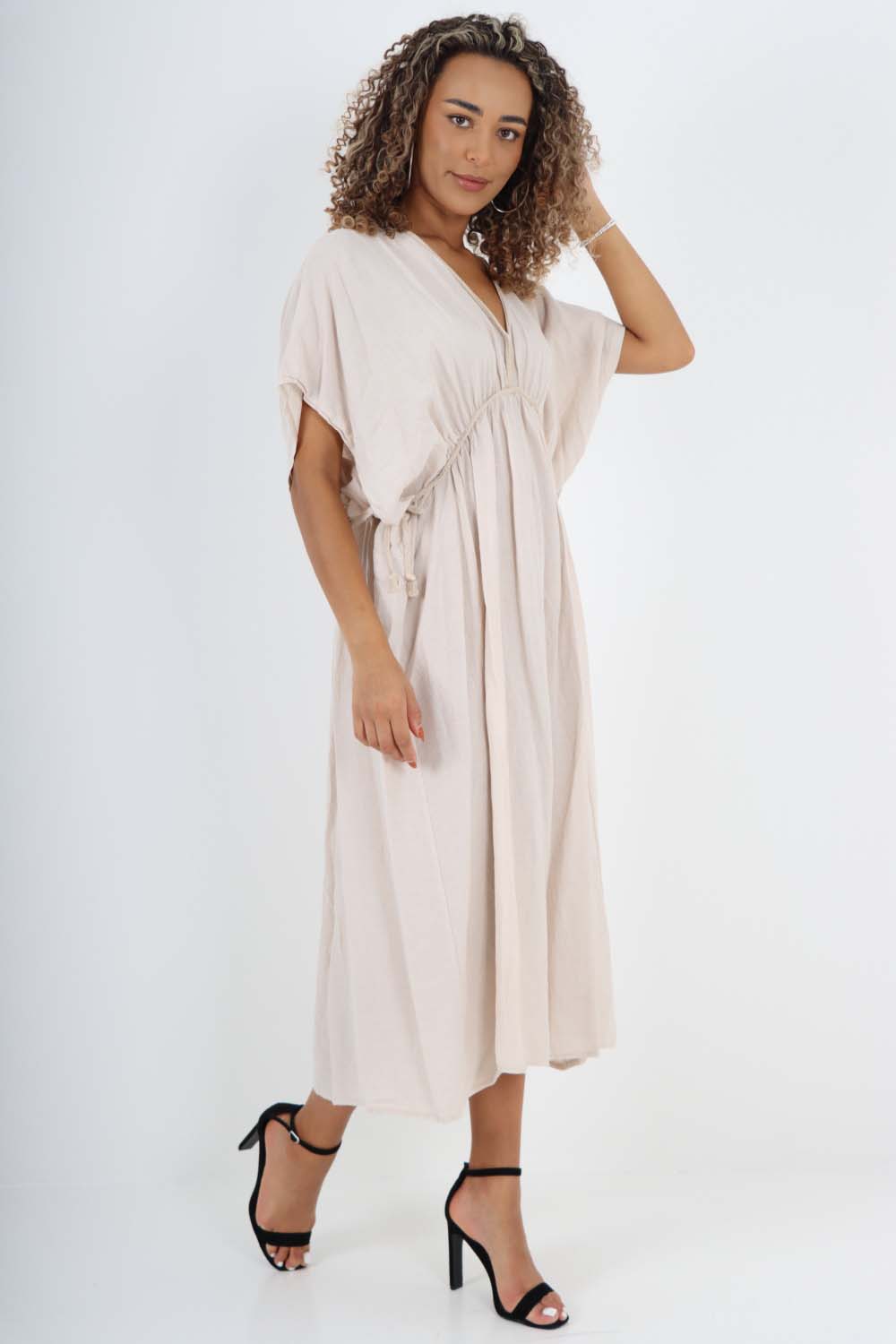 Italian Drawestring Front Flared Linen Dress Dress WearAll