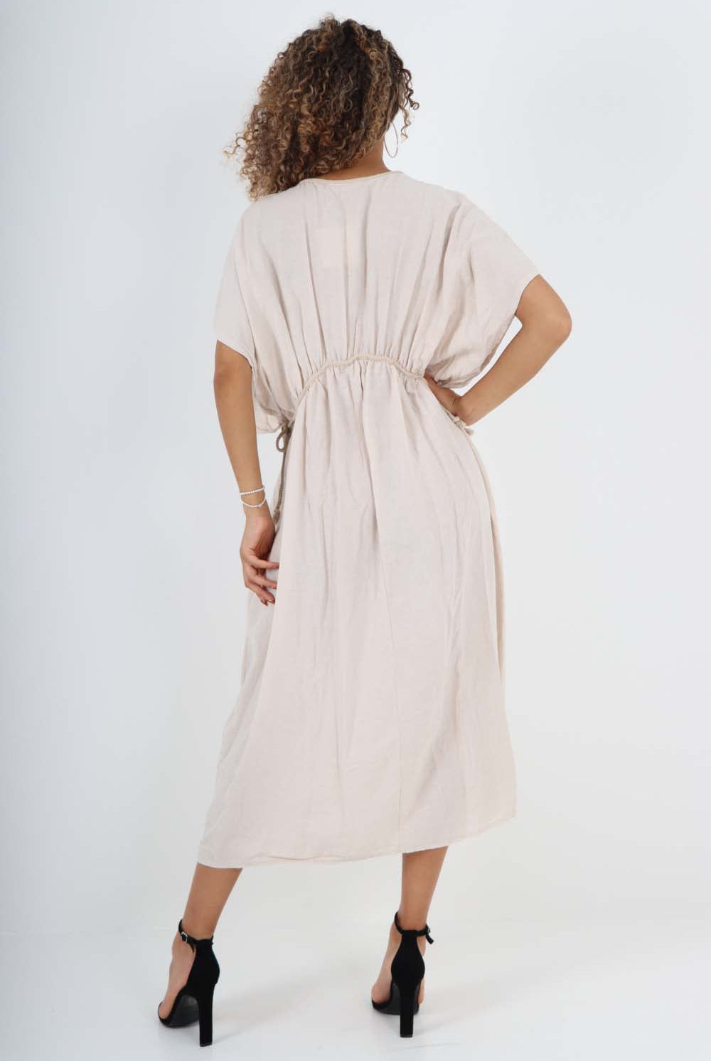Italian Drawestring Front Flared Linen Dress Dress WearAll
